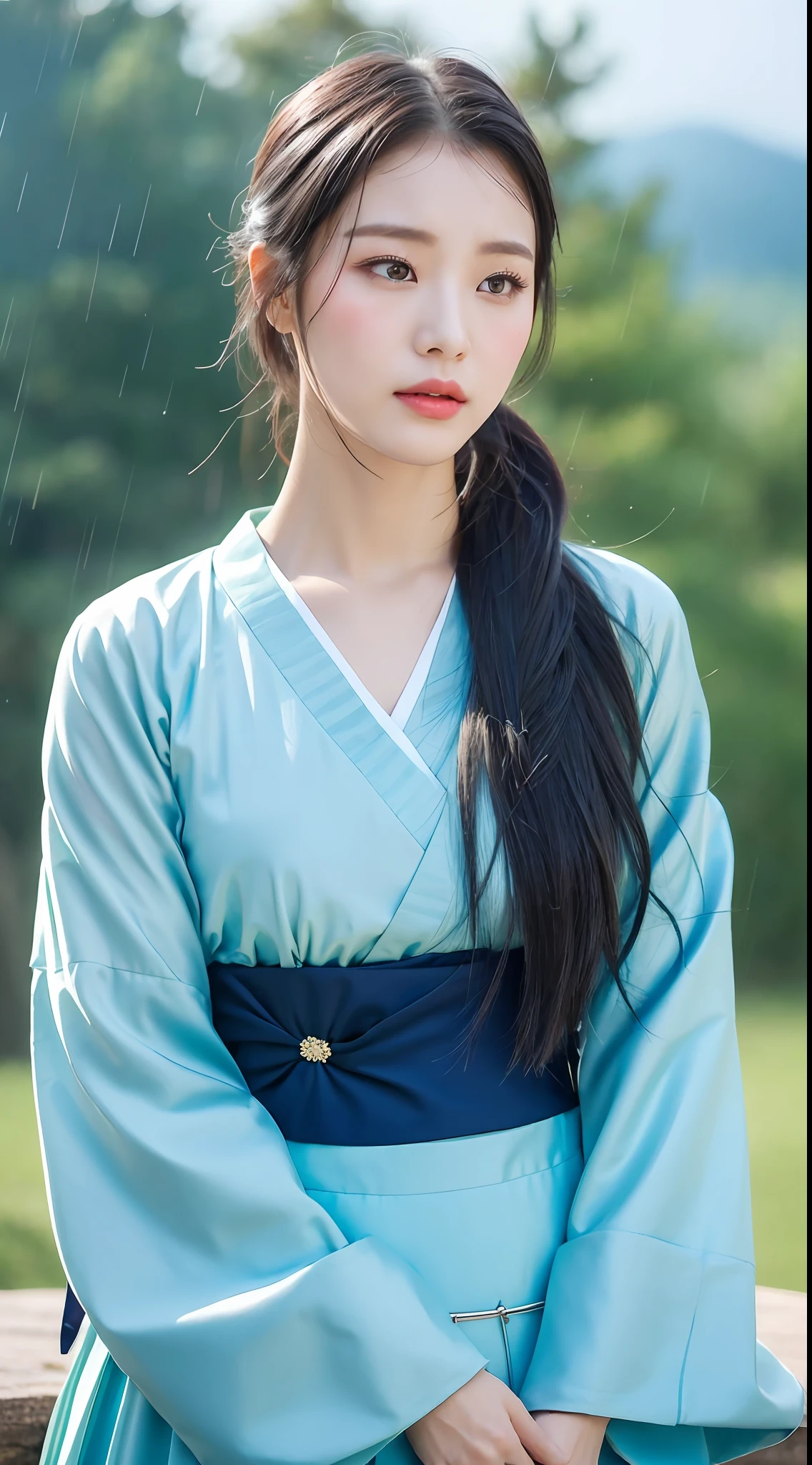 Korean woman, (masterpiece, beautiful people, sadness, sadness), virtual YouTube, ((moderate rain, very poor quality photos, 2k, masterpiece: 1.3)), ponytail, abs: 1.1, (black hair, flat chest: 1.3), pure blue hanfu: 1.1, conservative, hanbok, wide sleeve flowing fairy skirt, (mountain top: 1.4), forest, sadness, loneliness, plain makeup, no makeup, slim waist, slim body.