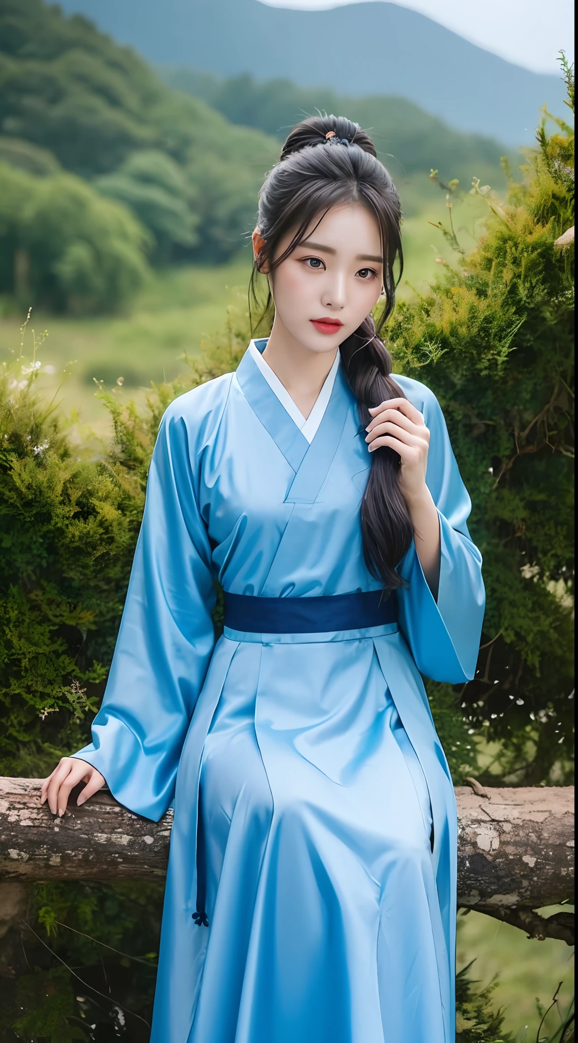 Korean woman, (masterpiece, beautiful people, sadness, sadness), virtual YouTube, ((moderate rain, very poor quality photos, 2k, masterpiece: 1.3)), ponytail, abs: 1.1, (black hair, flat chest: 1.3), pure blue hanfu: 1.1, conservative, hanbok, wide sleeve flowing fairy skirt, (mountain top: 1.4), forest, sadness, loneliness, plain makeup, no makeup, slim waist, slim body.