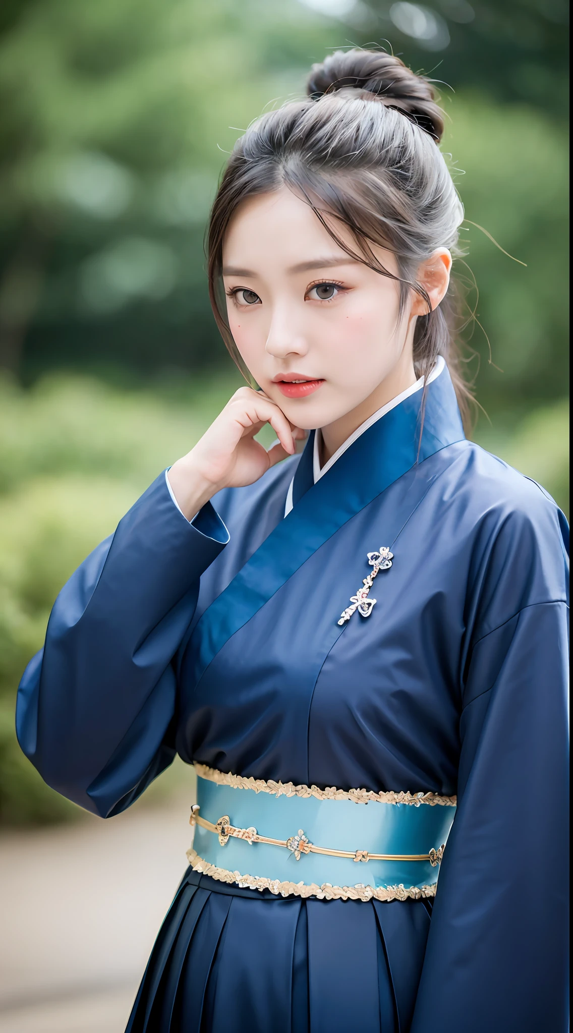 Korean woman, (masterpiece, beautiful people, sadness, sadness), virtual YouTube, ((moderate rain, very poor quality photos, 2k, masterpiece: 1.3)), ponytail, abs: 1.1, (black hair, flat chest: 1.3), pure blue hanfu: 1.1, conservative, hanbok, wide sleeve flowing fairy skirt, (mountain top: 1.4), forest, sadness, loneliness, plain makeup, no makeup, slim waist, slim body.