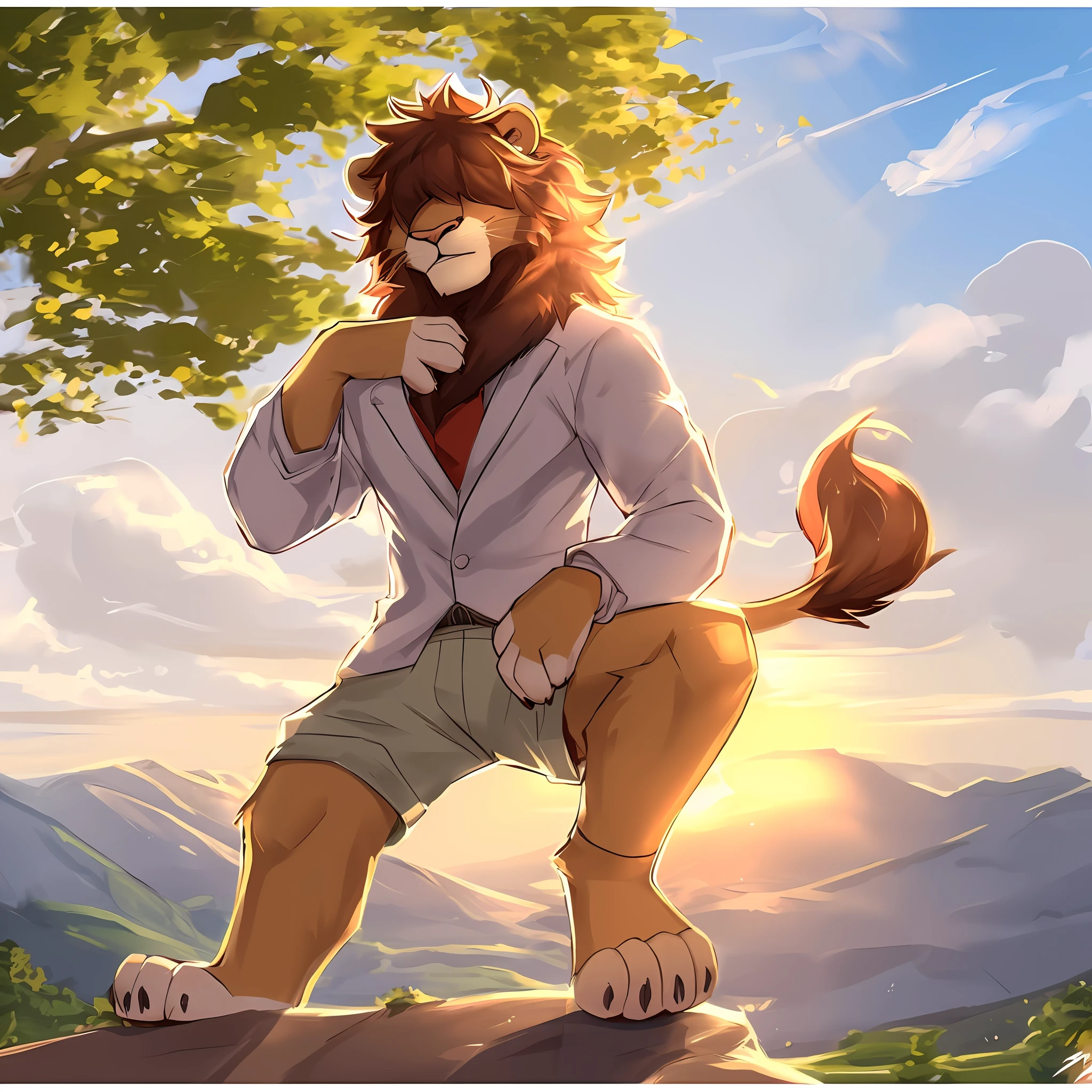 thin male solo cartoon lion by zackary911 hair over eyes wearing nice clothes sunlit people in background Paws instead of hands and feet paws visible scenic smiling four fingers claws famous location photogenic sun behind