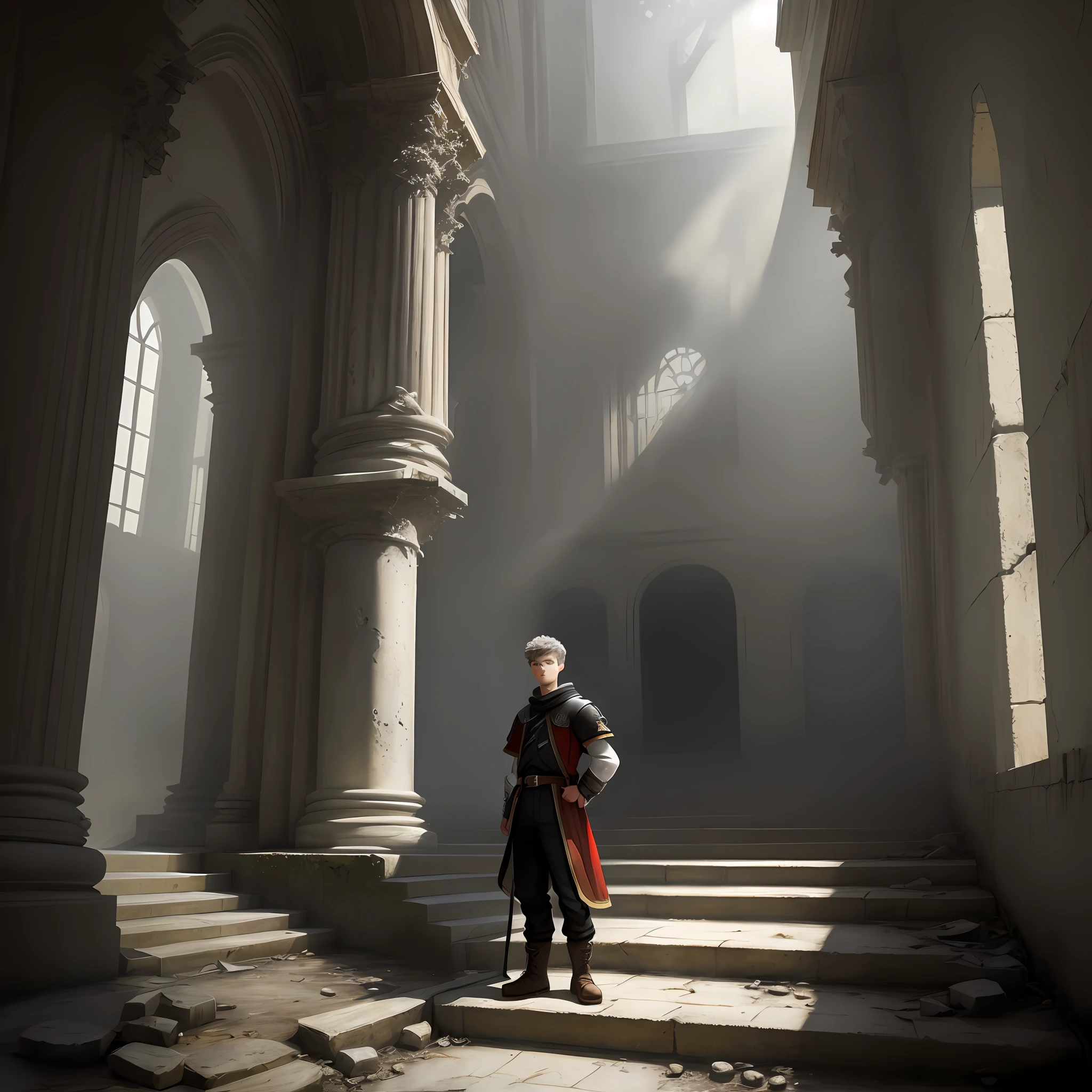 A guy of 18 years old, short hair, light gray, standing near a step of fire, a ruined throne, realism, high detail, good clarity, fantasy, 4kk, 8kk