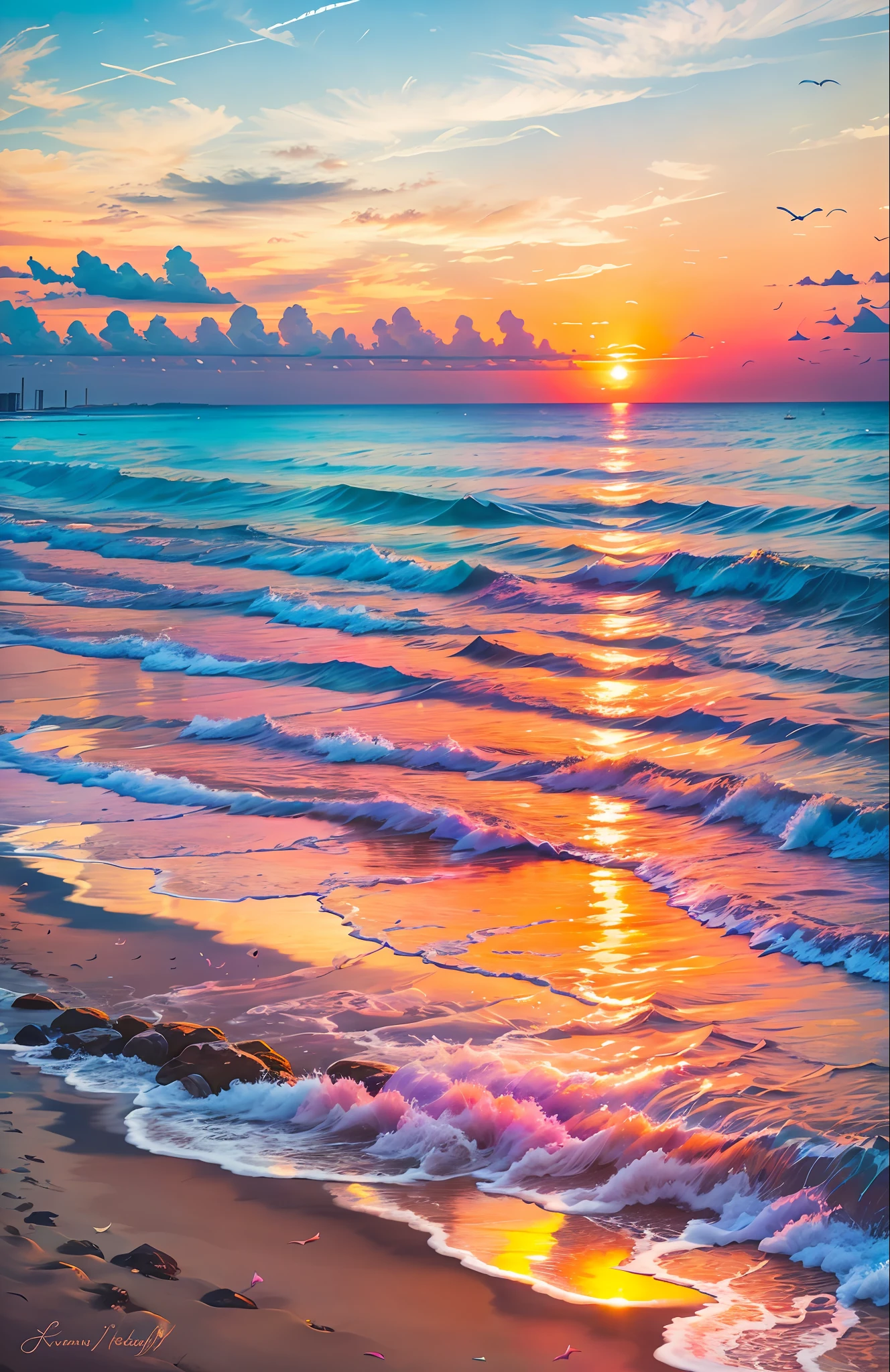 An absolutely mesmerizing sunset over the beach, with a blend of oranges, pinks, and yellows filling the sky. Crystal-clear waters of the sea gently kissing the shore, with sandy white beach stretching far and wide. The scene is dynamic and breathtaking, with seagulls soaring high in the sky and gently swaying palm trees. Take in the calming atmosphere and let the peacefulness wash over you.