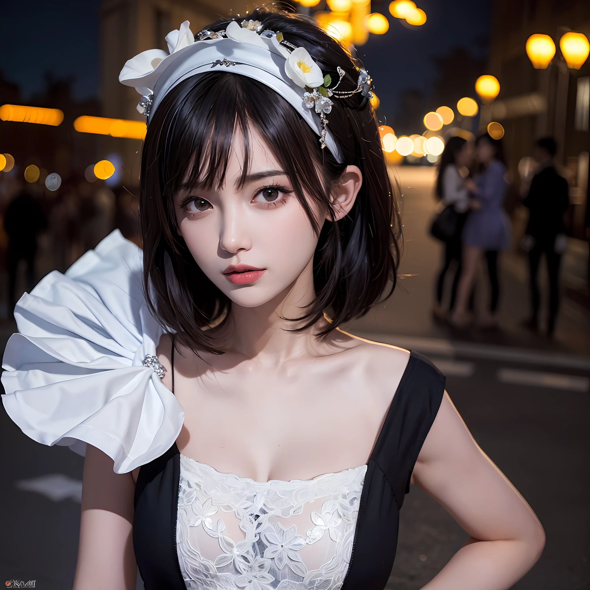 1girl, paris street, night, city view, city lights, upper body, close-up, 8k, raw photo, playful expression, best picture quality, masterpiece, realism, realism, white rose headdress, split bangs, short hair, big waves, black hair color, gorgeous clothes