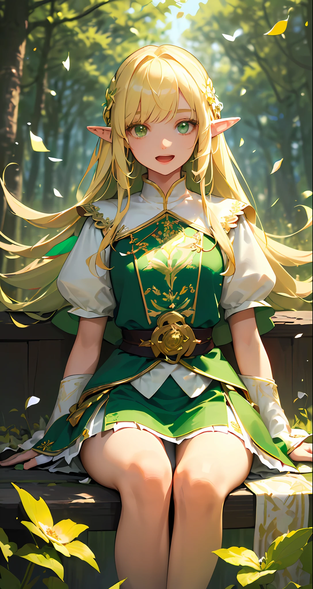 (((Masterpiece, highest quality, high definition, high detail))), one elf woman, white short skirt with gold embroidery, blonde long straight hair, bright green eyes, green surcoat embroidered with gold, ((sitting)), (happy)), ((open mouth)), (tilting head), forest, (through trees)), ((strong wind)), (flower confetti)), (sitting and playing Irish harp) )), ((((upper body))), (((looking at the camera))