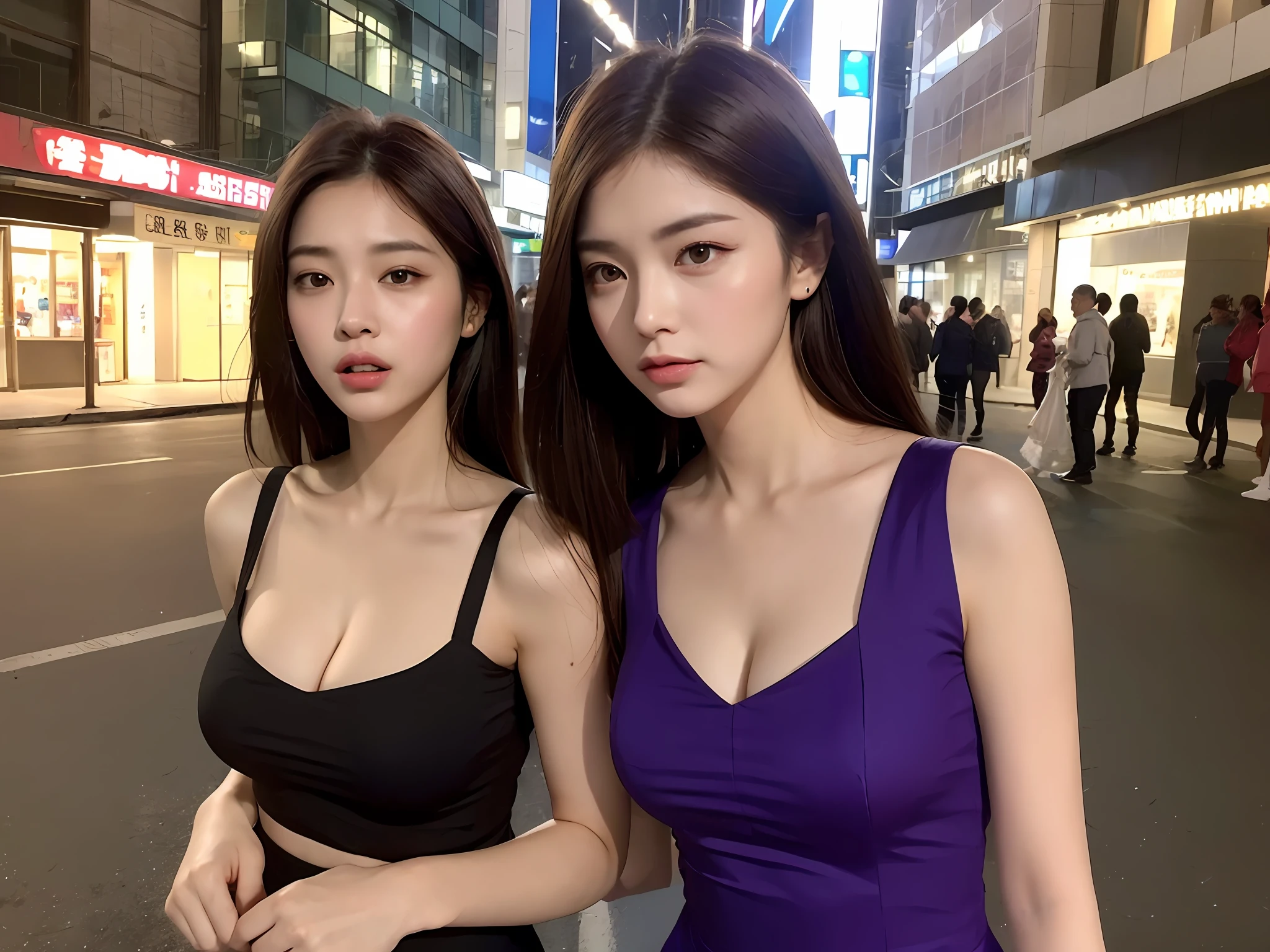 ((Realistic lighting, top quality, 8K, Masterpiece: 1.3)), yawning face, spoiled woman, cleavage slightly visible, focus: 1.2, 1 girl, perfect figure: 1.4, slim abs: 1.1, ((dark brown hair)), (purple dress: 1.4), (outdoor, night: 1.1), city street, ultra-fine face, narrow eyes, double eyelids,