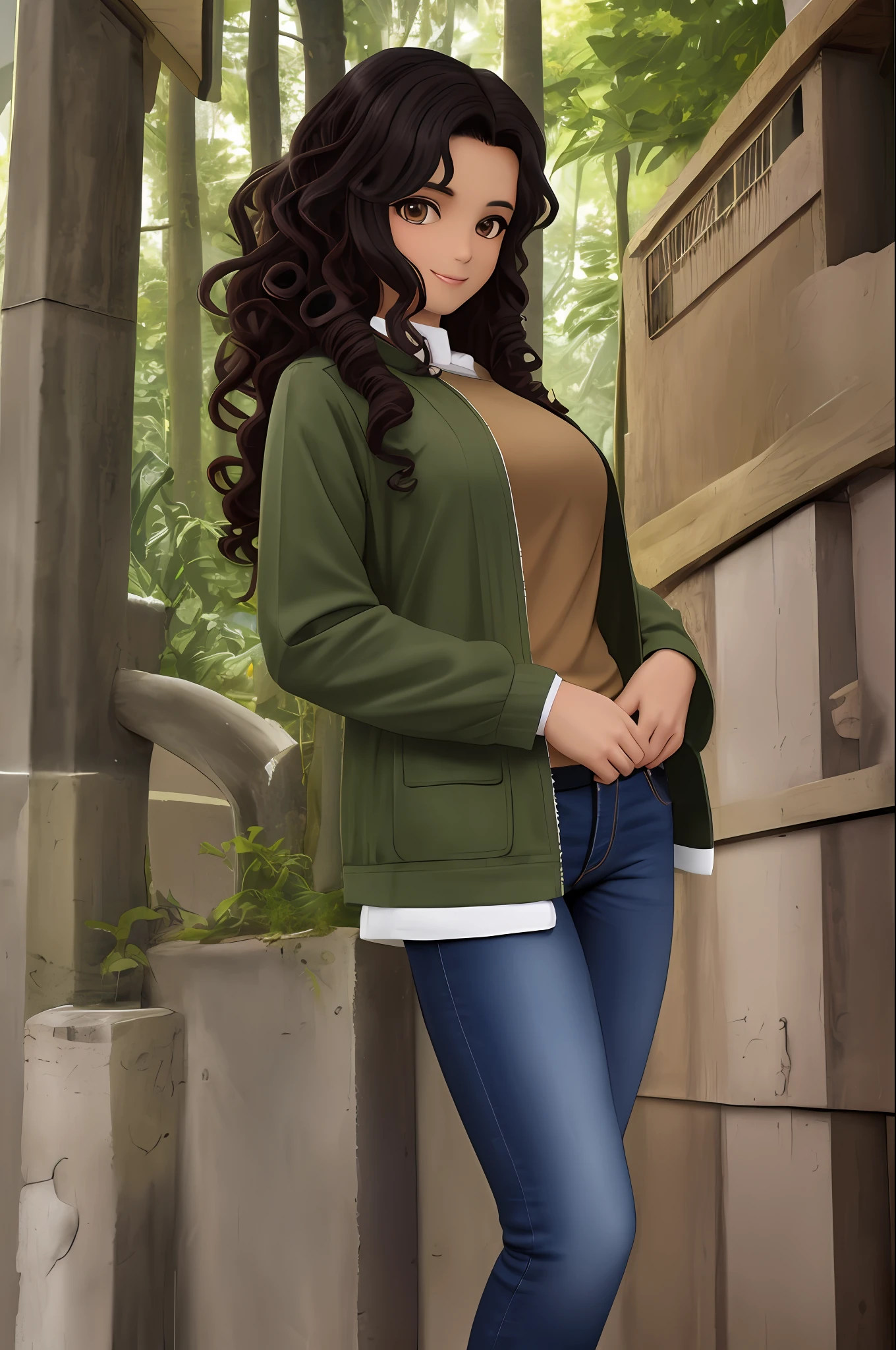 Best quality, tall, adult, yandere, 1girl, black hair, long hair, hair parted in the middle, curly hair, brown eyes, tomboy, dominant, looking down at viewer, standing over viewer, smile, southeast Asian, light brown skin, green jacket, jeans, secluded area