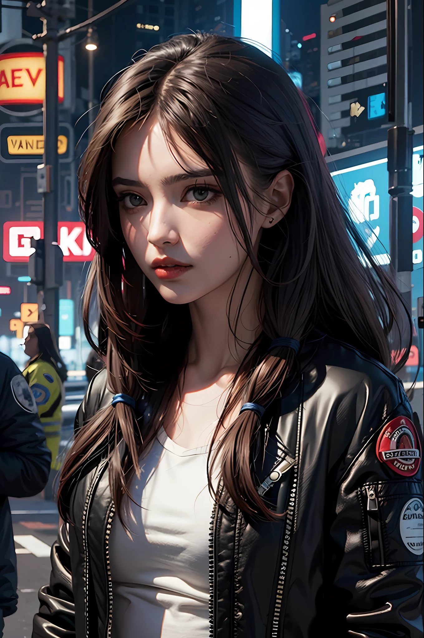 Beautiful Italian girl in bomber zipped jacket, long hair, machine arms in cyberpunk scene
