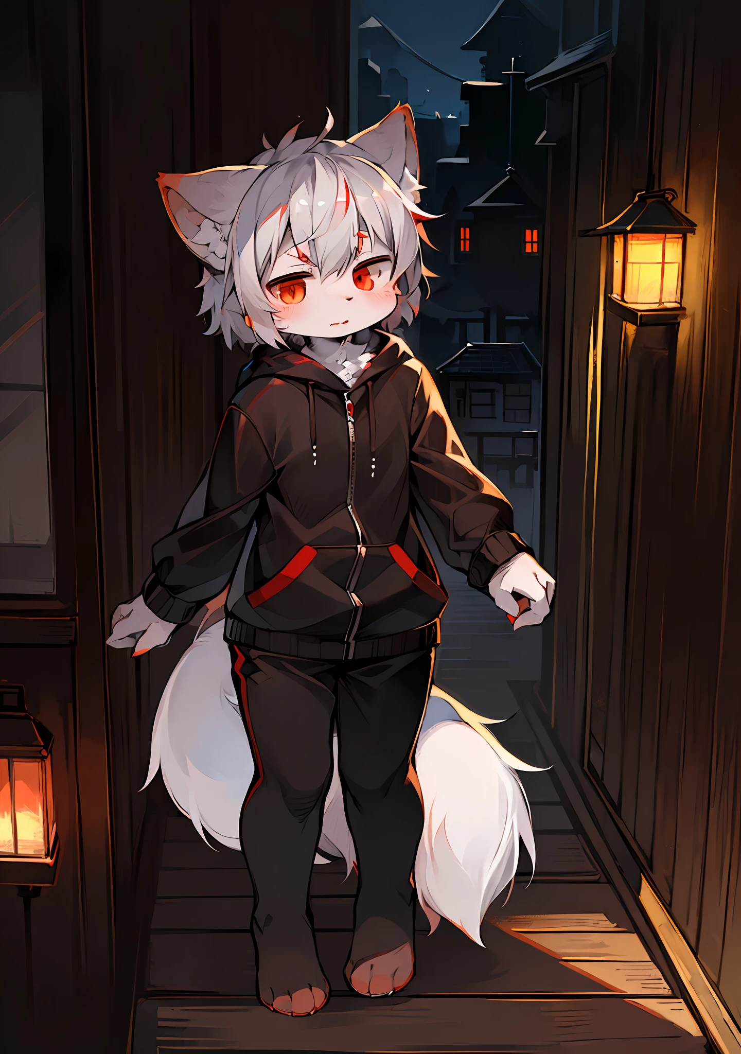 (Dark Environment: 0.8), Masterpiece, High Quality, Abstract Res, Digital Painting\(artwork\), by Dagasi, Yupa, Kiyosan, (Anthro, Fluffy Fur, Character Focus: 1.1), Anthro Male Cat, Short Hair, Portrait , bright eyes, panorama, character focus. (Detailed background: 0.7), solo, furry, furry female, female focus, anthr, (full body fur, fluffy tail, white fur, red eyes, gray hair: 1.2),