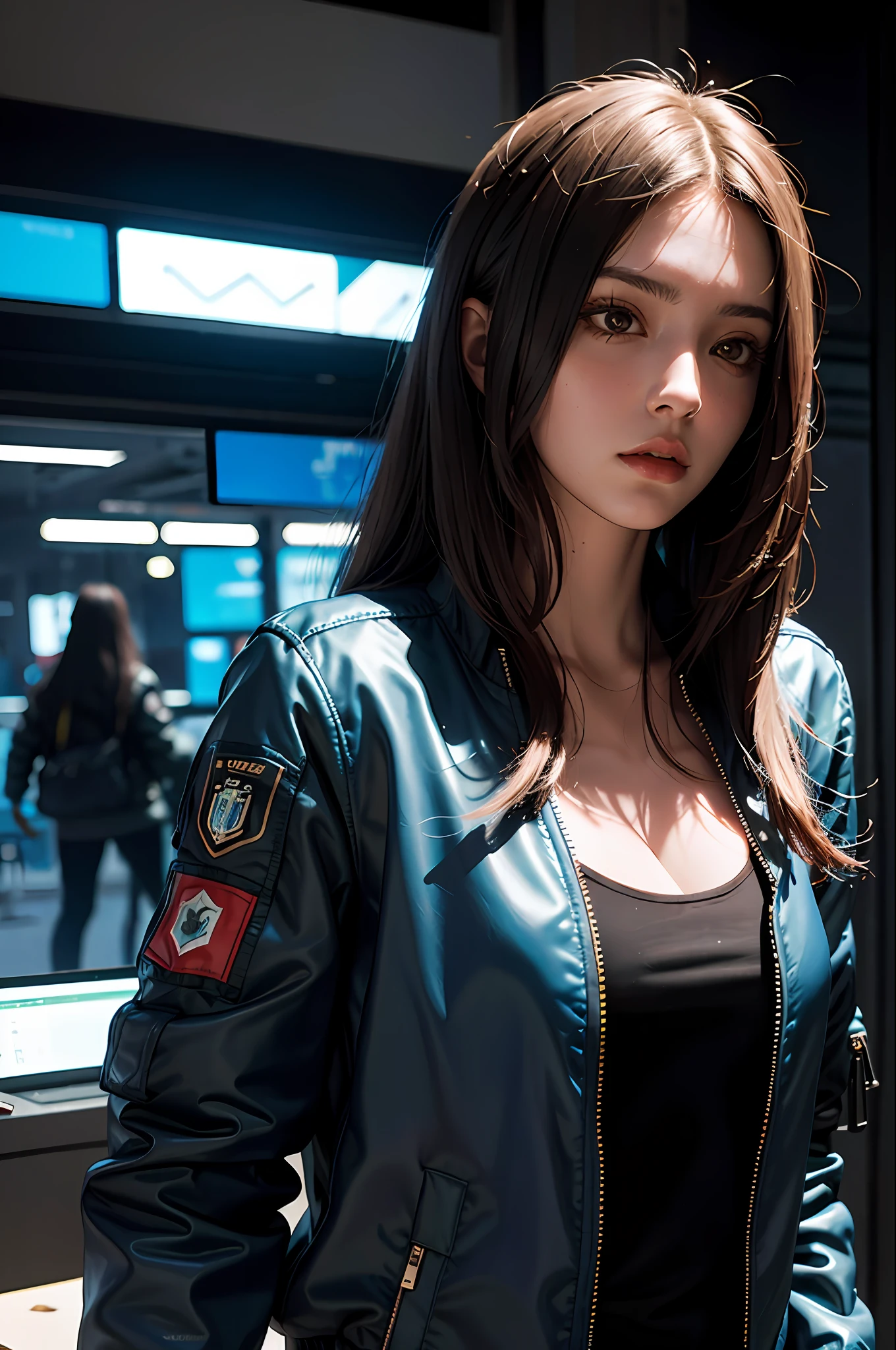 Beautiful Italian girl in bomber zipped jacket, long hair, machine arms in cyberpunk scene