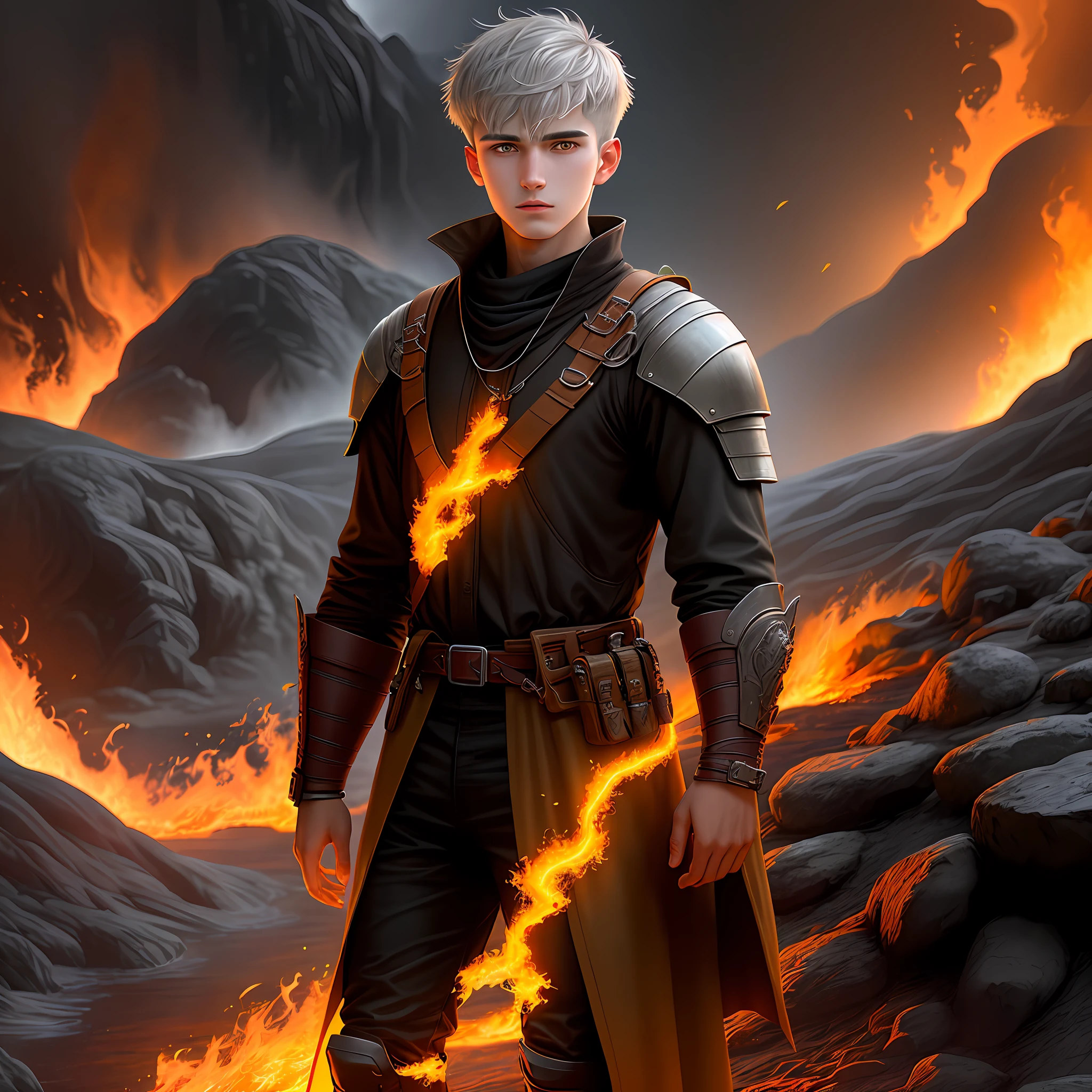 High detail, clarity, 8kk, young guy, 18 years old, light gray hair, short haircut, yellow eyes, standing near the steps of fiery lava, realism, fantasy,