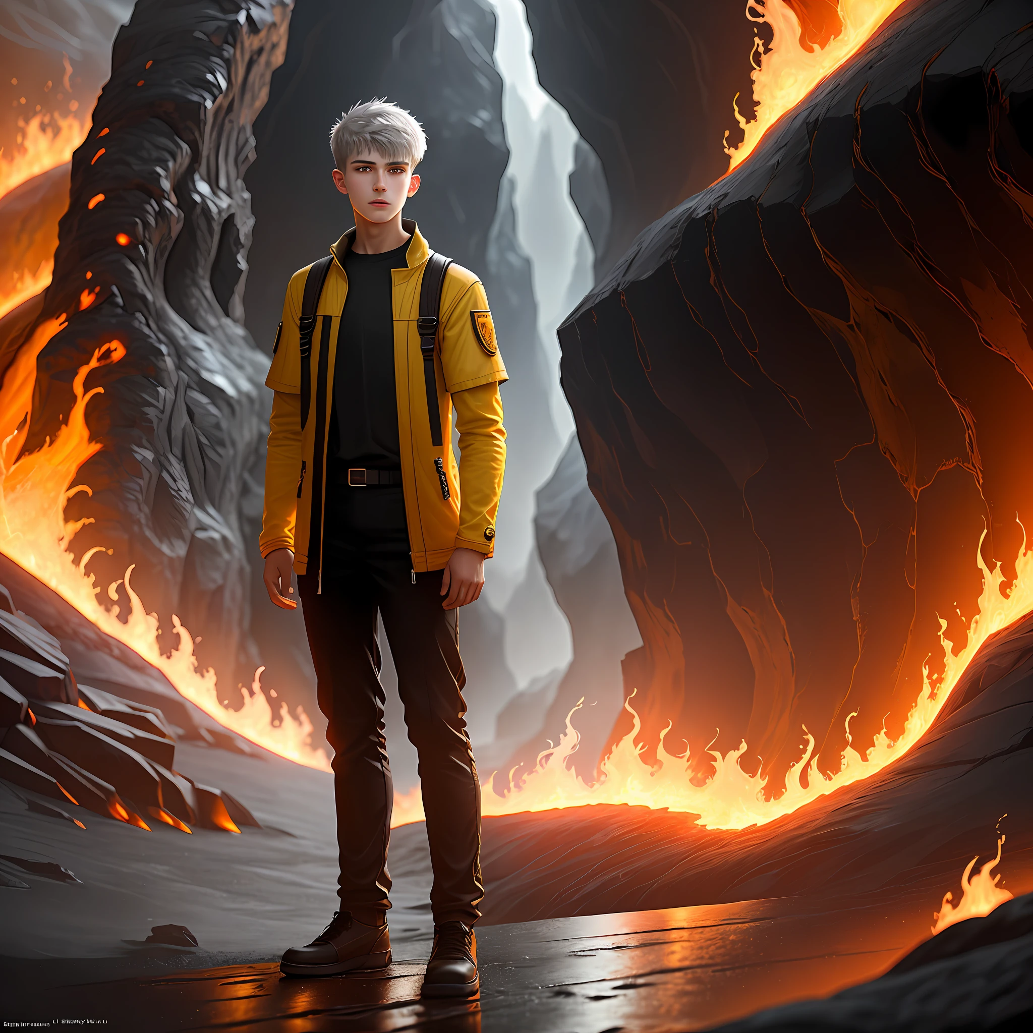 High detail, clarity, 8kk, young guy, 18 years old, light gray hair, short haircut, yellow eyes, standing near the steps of fiery lava, realism, fantasy,