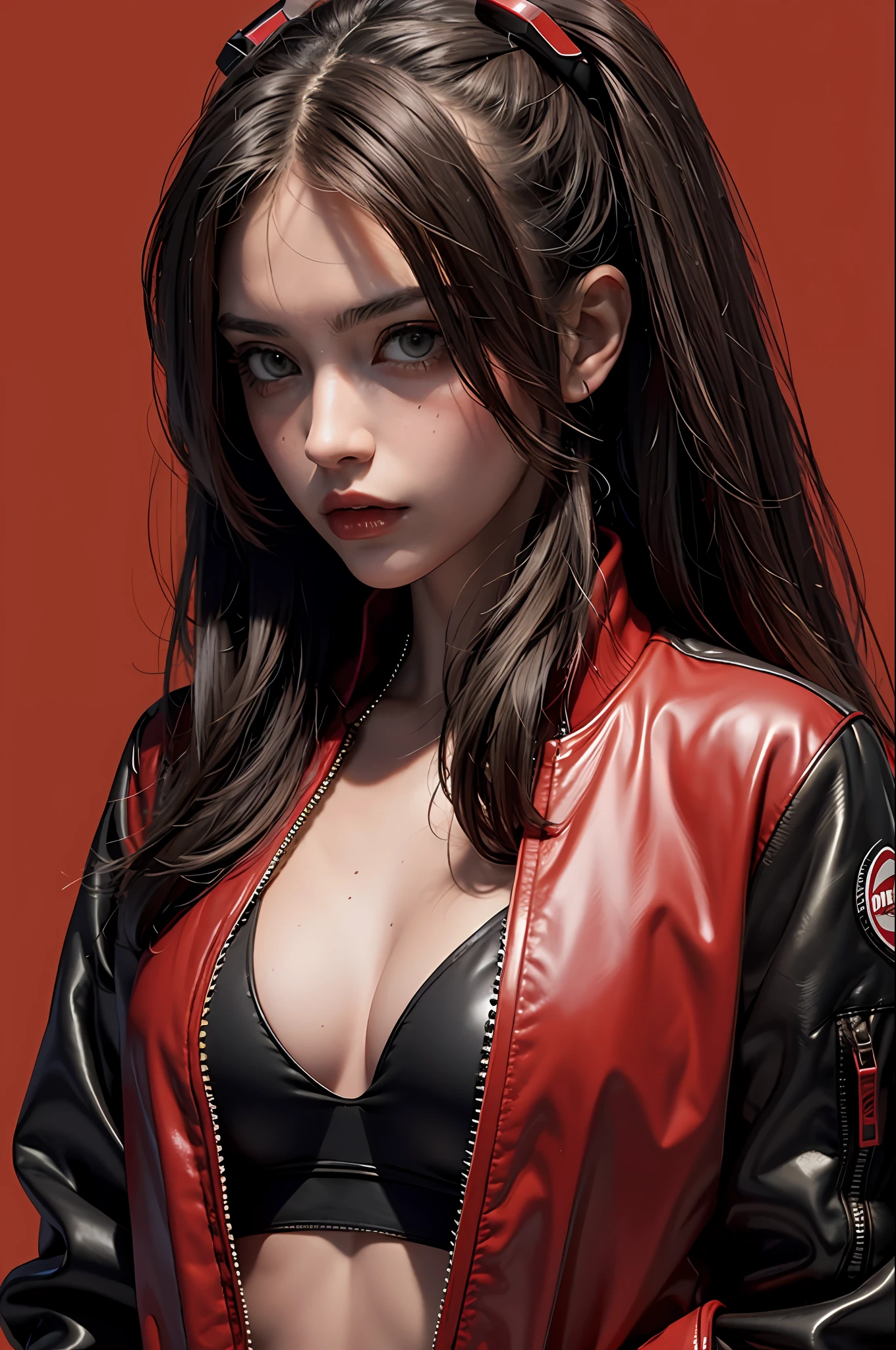 Beautiful Italian girl in bomber zipped jacket, long hair, machine arms in cyberpunk red backdrop