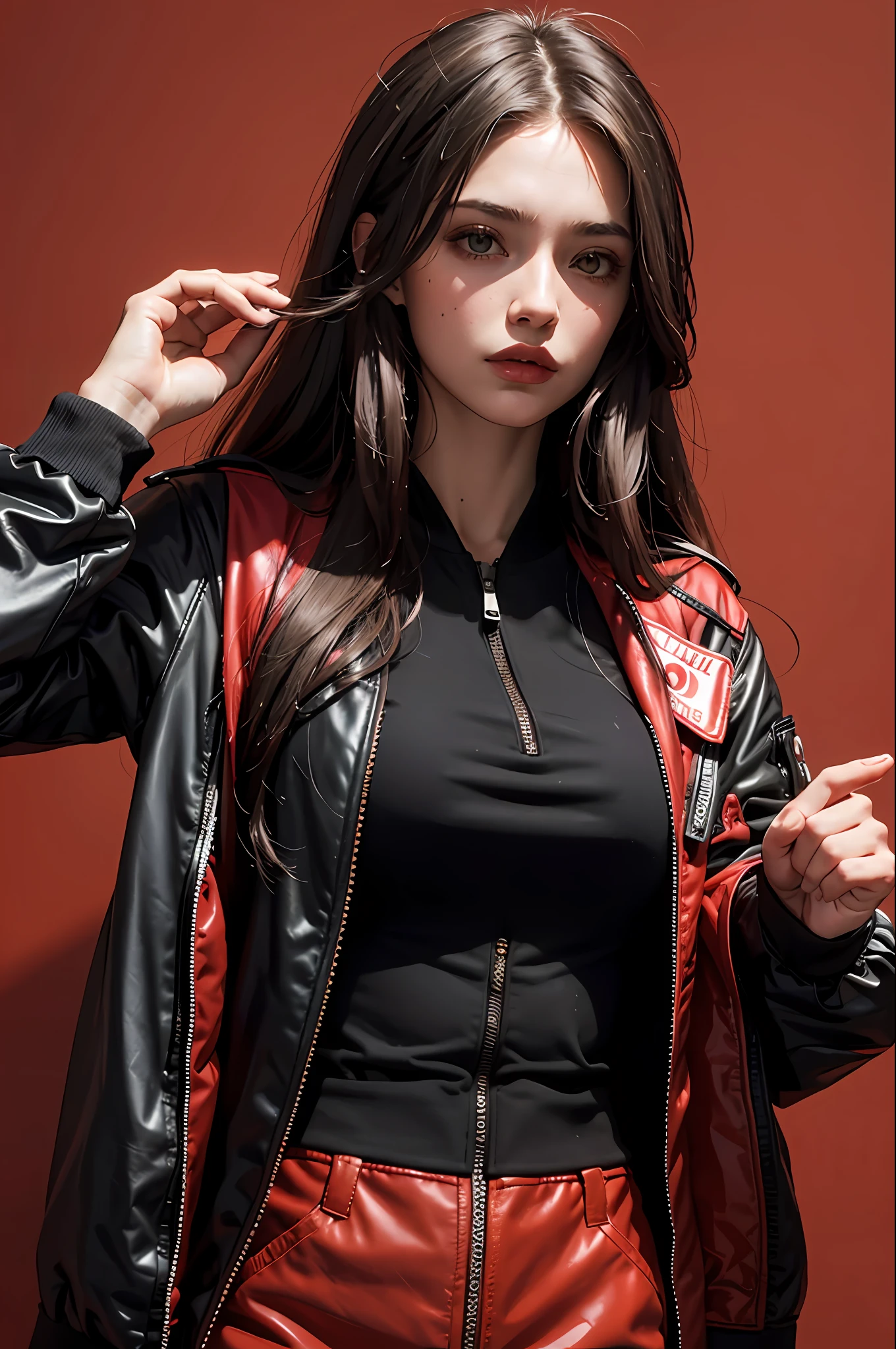 Beautiful Italian girl in bomber zipped jacket, long hair, machine arms in cyberpunk red backdrop