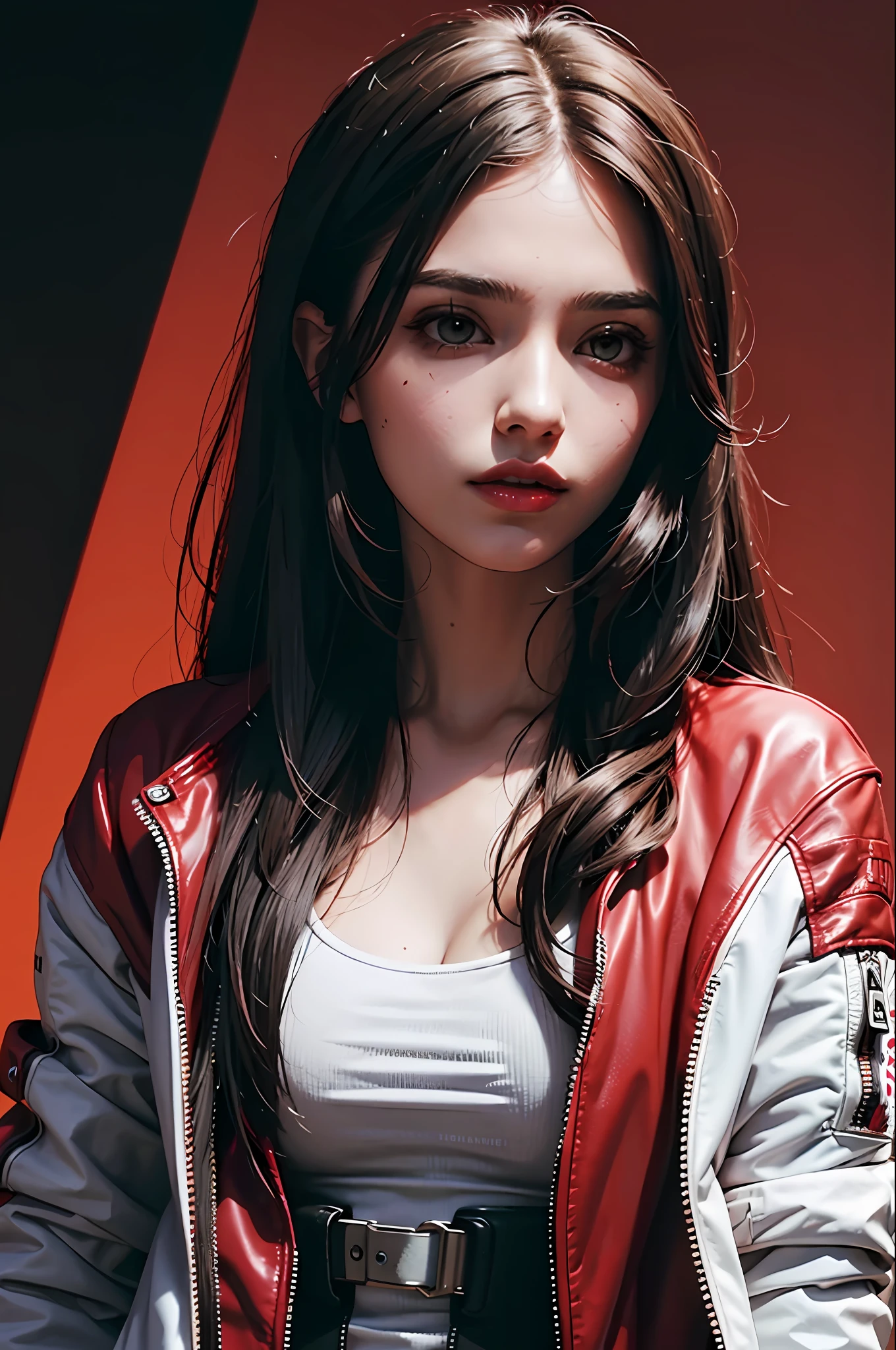 Beautiful Italian girl in bomber zipped jacket, long hair, machine arms in cyberpunk red backdrop
