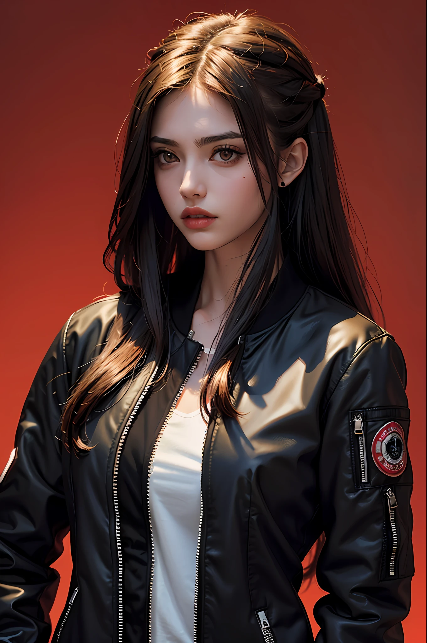 Beautiful Italian girl in bomber zipped jacket, long hair, machine arms in cyberpunk red backdrop