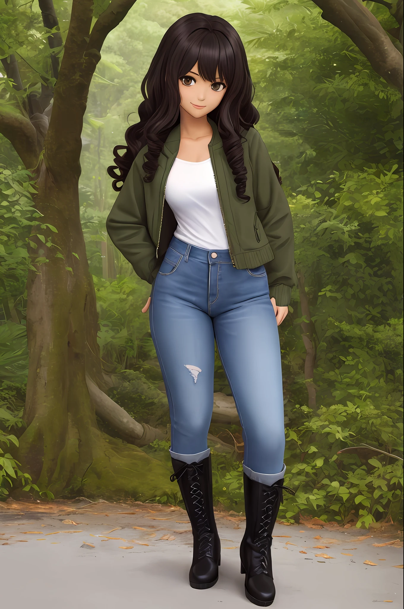 Best quality, tall, adult, yandere, 1girl, black hair, long hair, hair parted in the middle, curly hair, very messy hair, brown eyes, tomboy, dominant, looking down at viewer, standing over viewer, smile, southeast Asian, light brown skin, green jacket, jeans, secluded area, boots