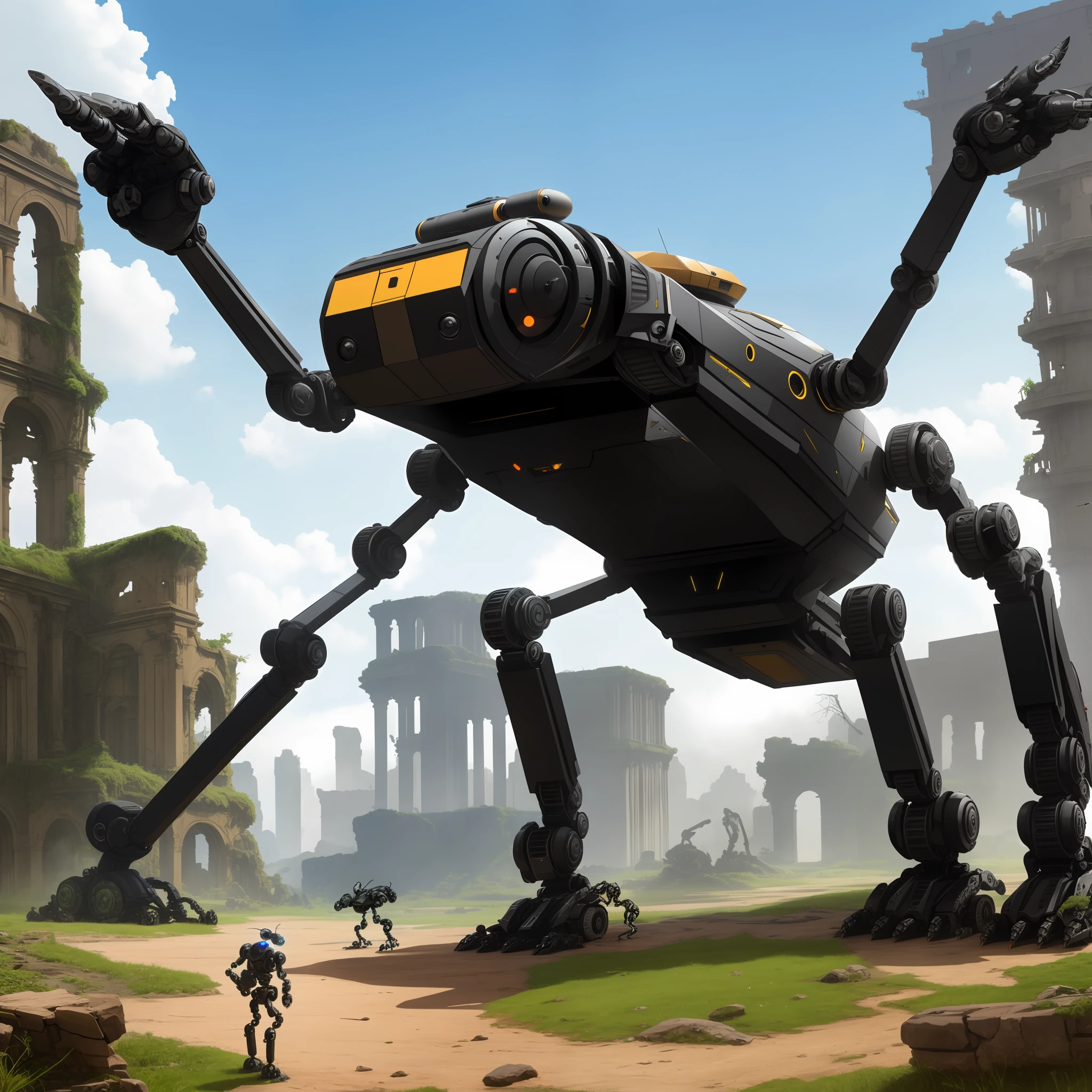 masterpiece, 8K, ant-shaped robot, multi-legged tank style, realistic, high definition, ruins in the background