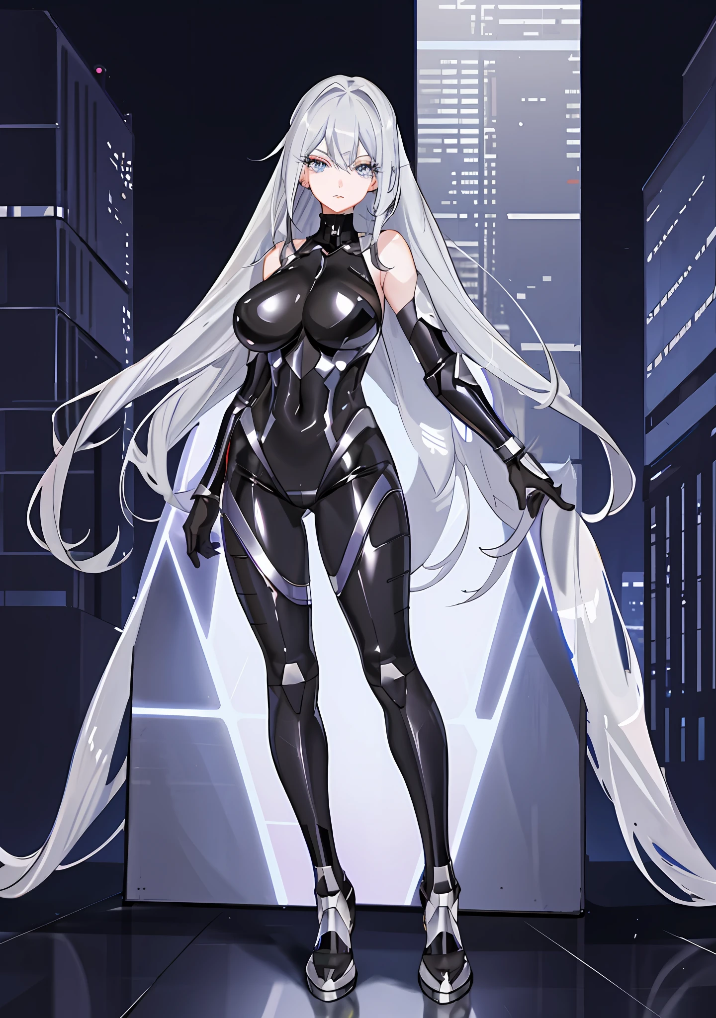 agirl, anime girl, mature woman, silver hair, taimanin, (extra long straight hair), (silver latex suit) ((silver tights)), tights, symmetrical clothing, ( night background), cyberpunk, cyberpunk, (beautiful eyes, sharp eyes, symmetrical eyes, cold face, full body), (high level of detail), perfect proportions, (big breasts), big ass