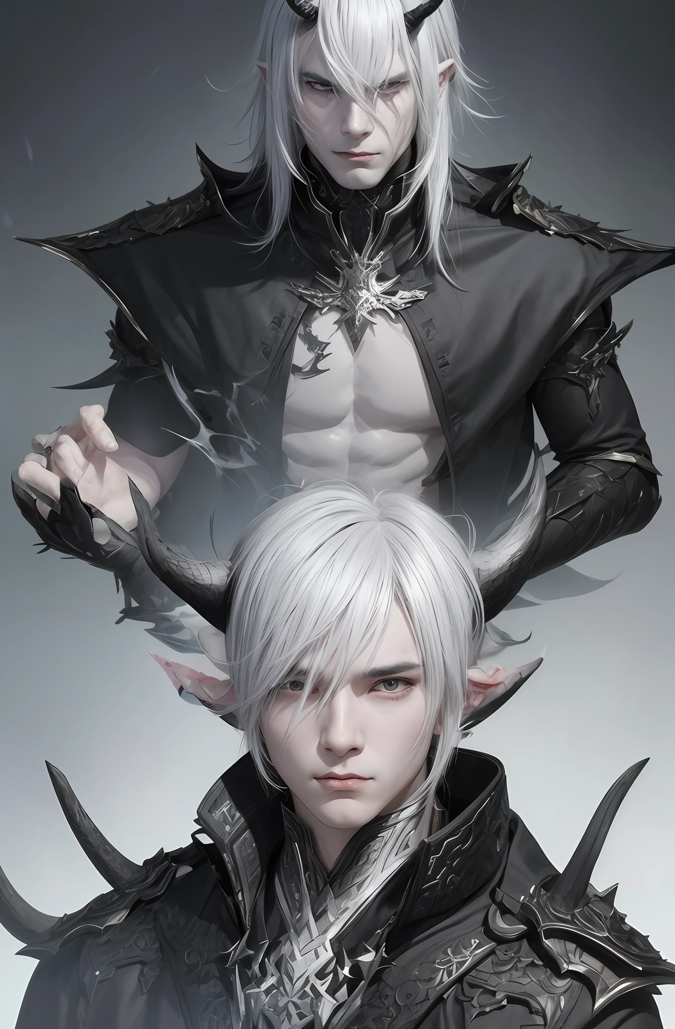 a close up of two men with white hair and horns, by Yang J, fit male demon with white horns, by Shitao, 2 b, 2b, wlop and sakimichan, guweiz on artstation pixiv, trending on artstation pixiv, guweiz on pixiv artstation, fanart best artstation