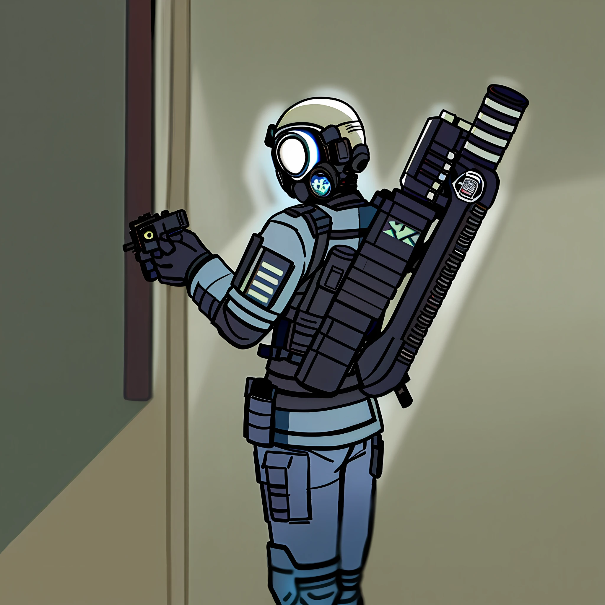 1 man, tech armor, tactical headset, tactical helmet, gas mask, holding a pistol, shooting, to the left