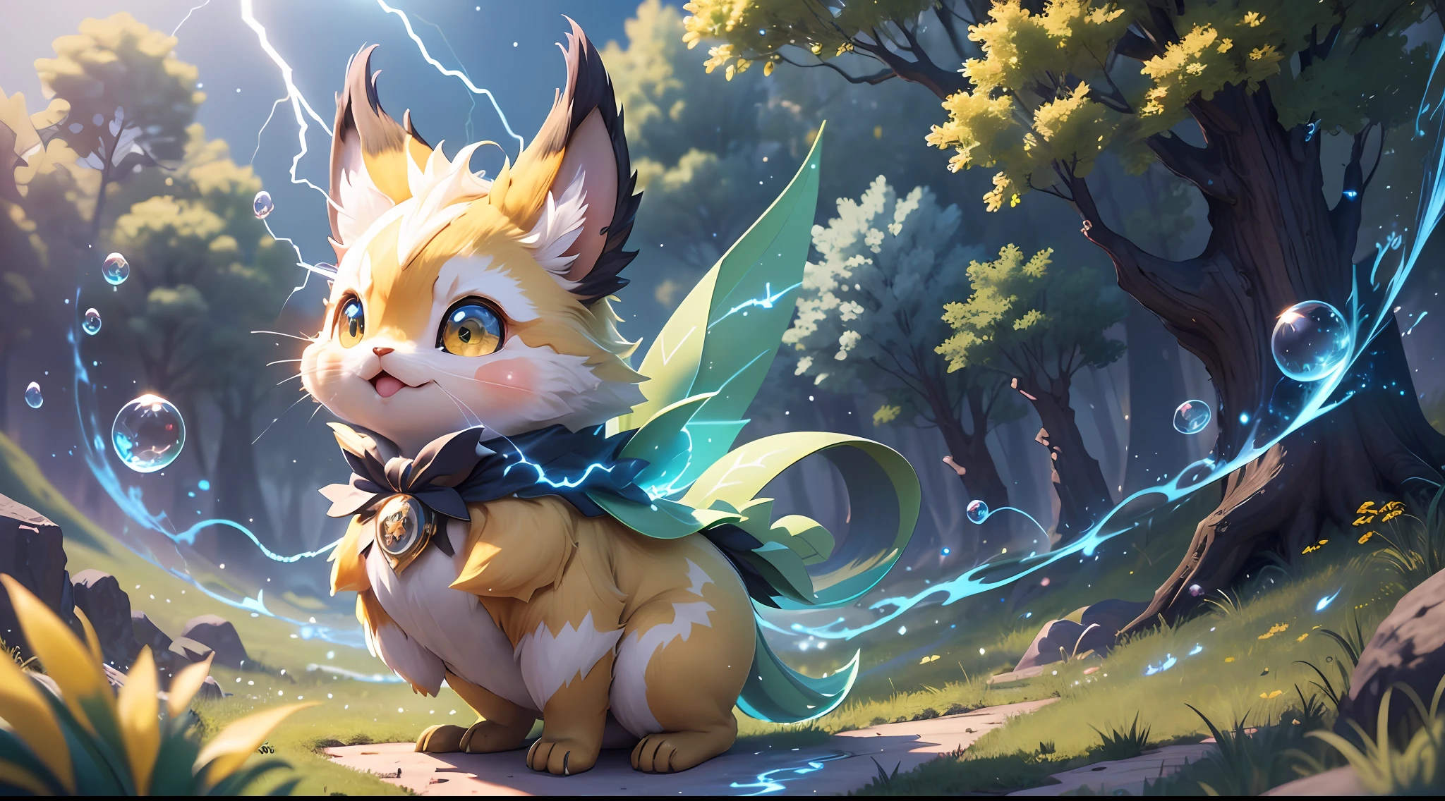 (extremely detailed CG unity 8k wallpaper, masterpiece, best quality, super detailed), (best lighting, best shadow, extremely delicate and beautiful), floating, [(1pokemon:1.2)), cute, yellow fur, black-pointed ears, big sparkling eyes, cute red face, chubby body, lightning tail, playful pose,] [(white clouds, blue sky, green grass, sunny days, faint nostalgia and joy): 0.6], [(sparks), bubbles, Electrical effect, energy burst): 0.4], (masterpiece), [high resolution], (very detailed CG 8k wallpaper), (best quality: 1.0), (super high resolution: 1.0)