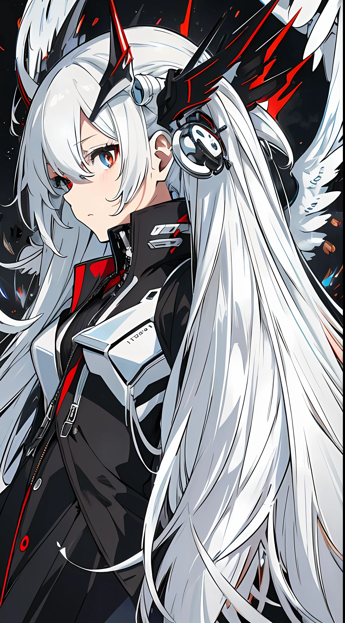 Flat chest, long white hair, girl, black trench coat, three expressionless, cyborg, black background, white pupils, demon wings, angel wings, mechanical wings, 2D anime style, black armor, hair color different inside and outside, white hair outside, red inside hair, full body photo, back hand