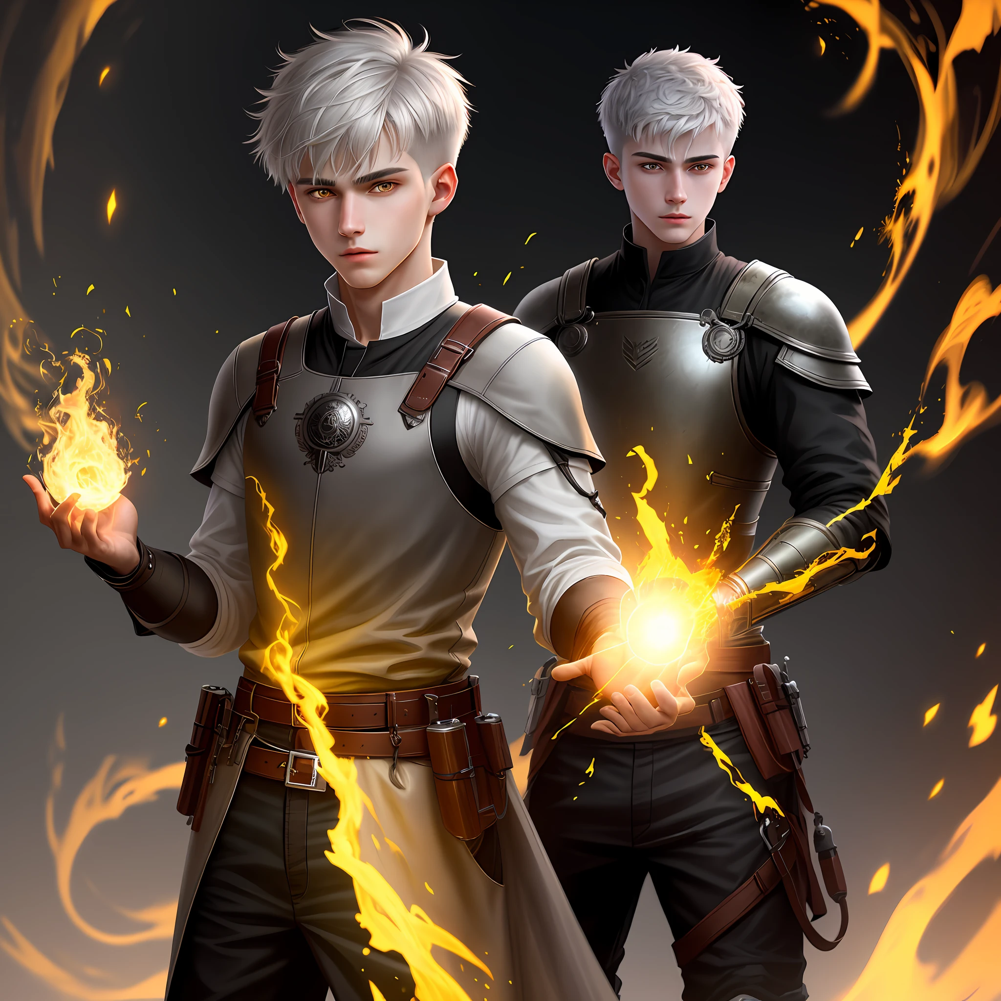 High detail, clarity, 8kk, young guy, 18 years old, light gray hair, short haircut, yellow eyes, standing on fire, realism, fantasy,