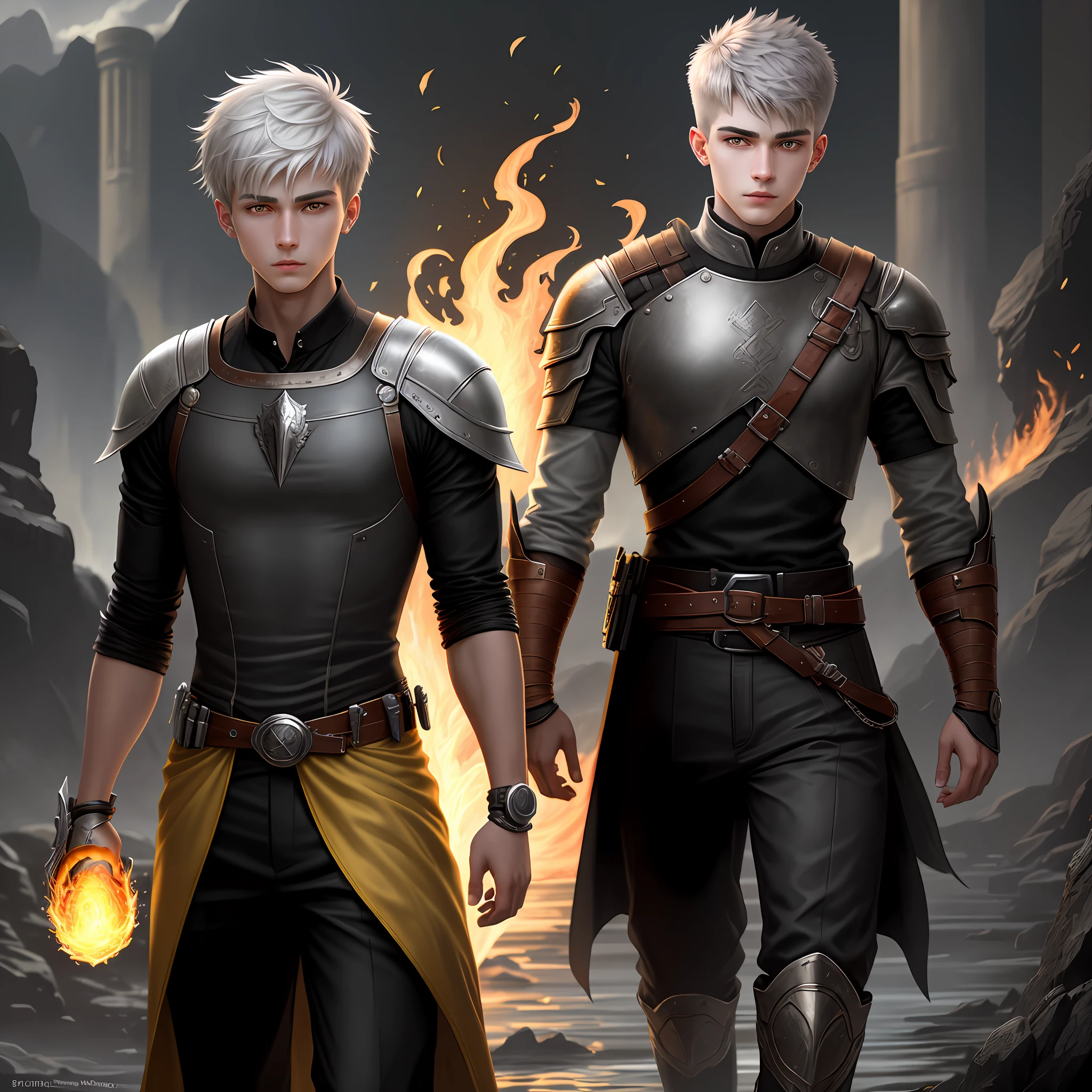 High detail, clarity, 8kk, young guy, 18 years old, light gray hair, short haircut, yellow eyes, standing on fire, realism, fantasy,