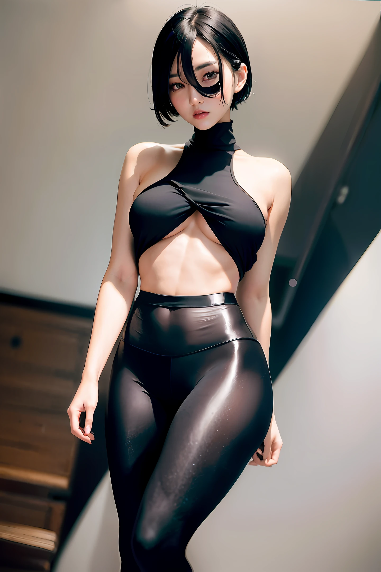 (high resolution, Anime) portrait of a gorgeous Korean girl with (black short hair) and (heterochromic eyes) framed by small moles under her eyes. She's wearing a (loose black shirt) and (yoga pants) which showcase her (tight abs) and (camel toes), while her (small breasts) and (long legs) add to the allure.