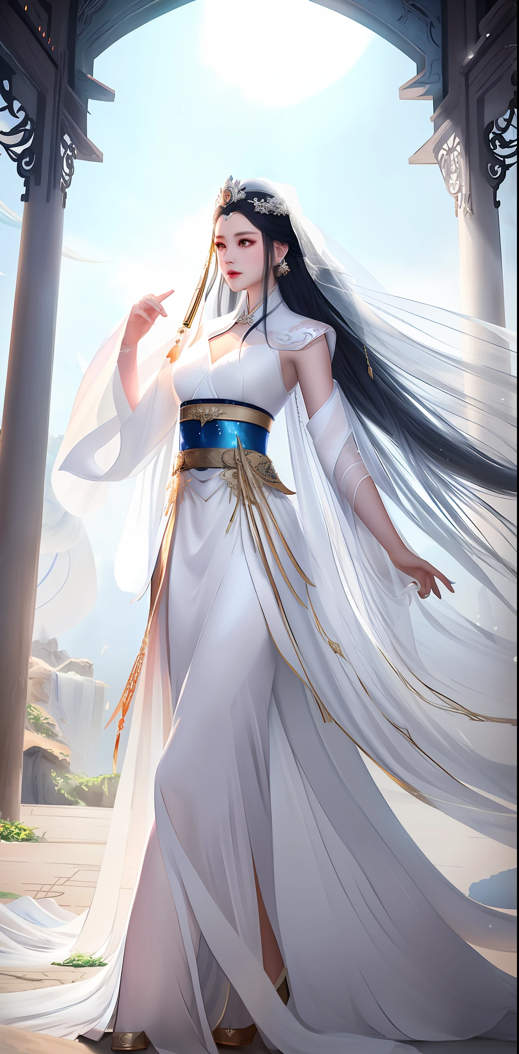 arafed woman in a white dress with a veil and a crown, a beautiful fantasy empress, flowing white robes, inspired by Lan Ying, ((a beautiful fantasy empress)), white hanfu, full body xianxia, palace ， a girl in hanfu, heise jinyao, artgerm and ruan jia