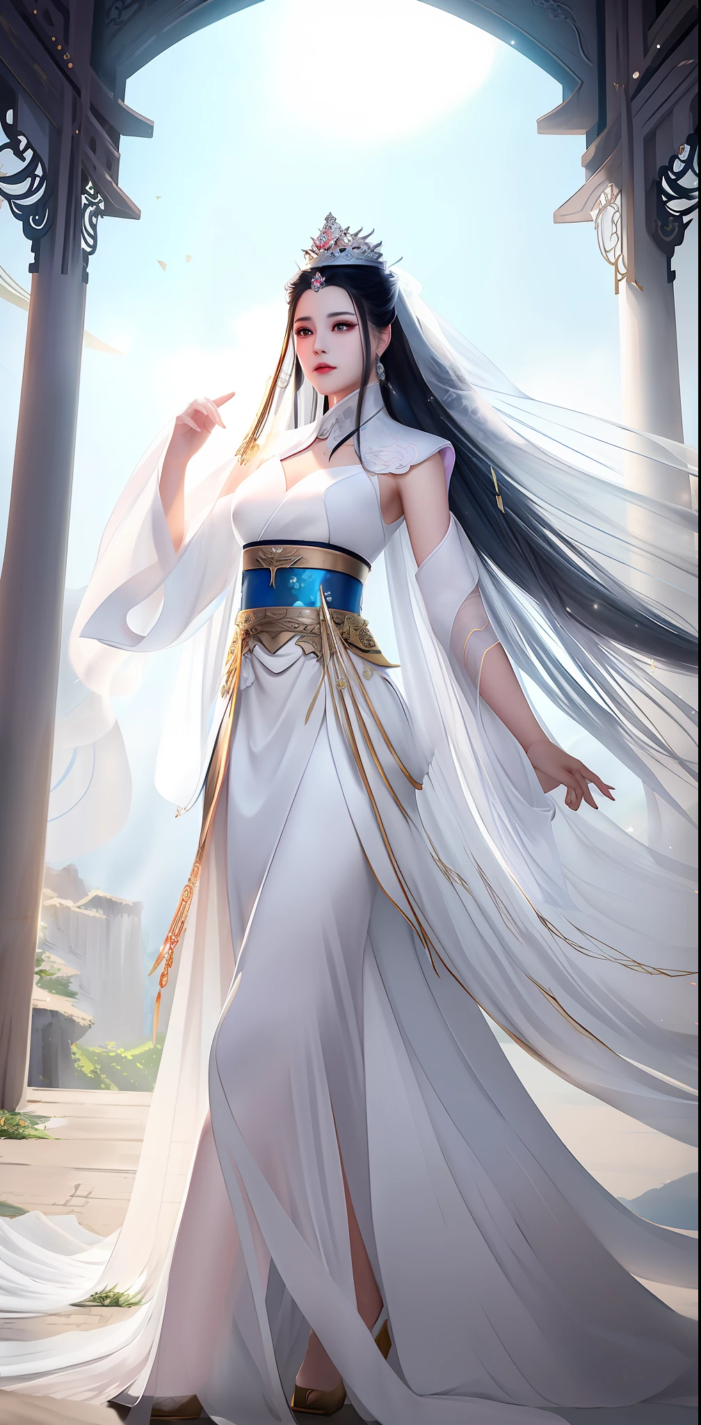 arafed woman in a white dress with a veil and a crown, a beautiful fantasy empress, flowing white robes, inspired by Lan Ying, ((a beautiful fantasy empress)), white hanfu, full body xianxia, palace ， a girl in hanfu, heise jinyao, artgerm and ruan jia