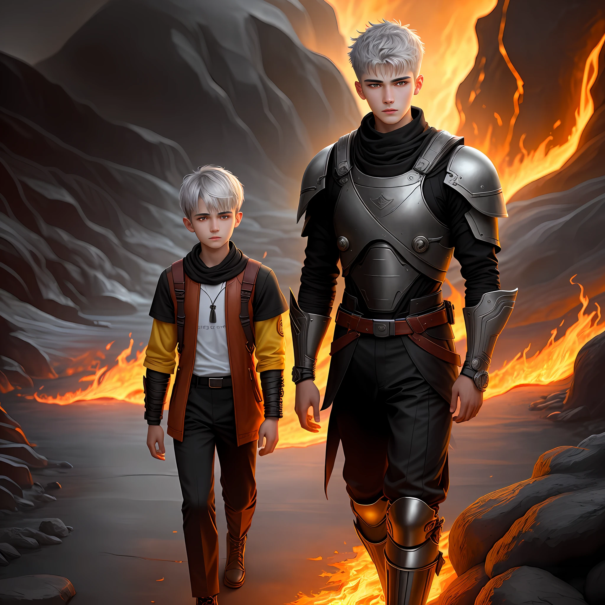 High detail, clarity, 4k, young guy, 18 years old, light gray hair, short haircut, yellow eyes, standing near the steps of fiery lava, realism, fantasy,