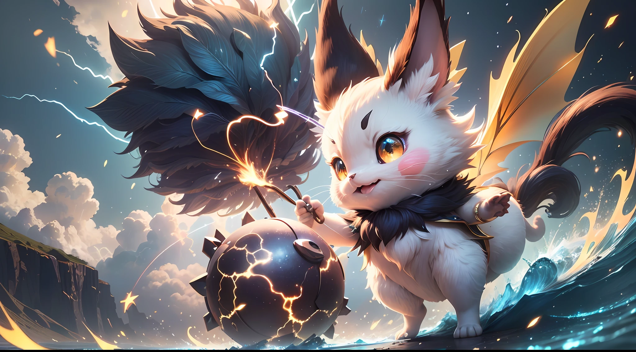 (extremely detailed CG unity 8k wallpaper, masterpiece, best quality, super detailed), (best lighting, best shadow, extremely delicate and beautiful), floating, [(1pokemon:1.2)), cute, yellow fur, black-pointed ears, big sparkling eyes, cute red face, chubby body, lightning tail, playful pose,] [(white clouds, blue sky, green grass, sunny days, faint nostalgia and joy): 0.6], [(sparks), bubbles, Electrical effect, energy burst): 0.4], (masterpiece), [high resolution], (very detailed CG 8k wallpaper), (best quality: 1.0), (super high resolution: 1.0)