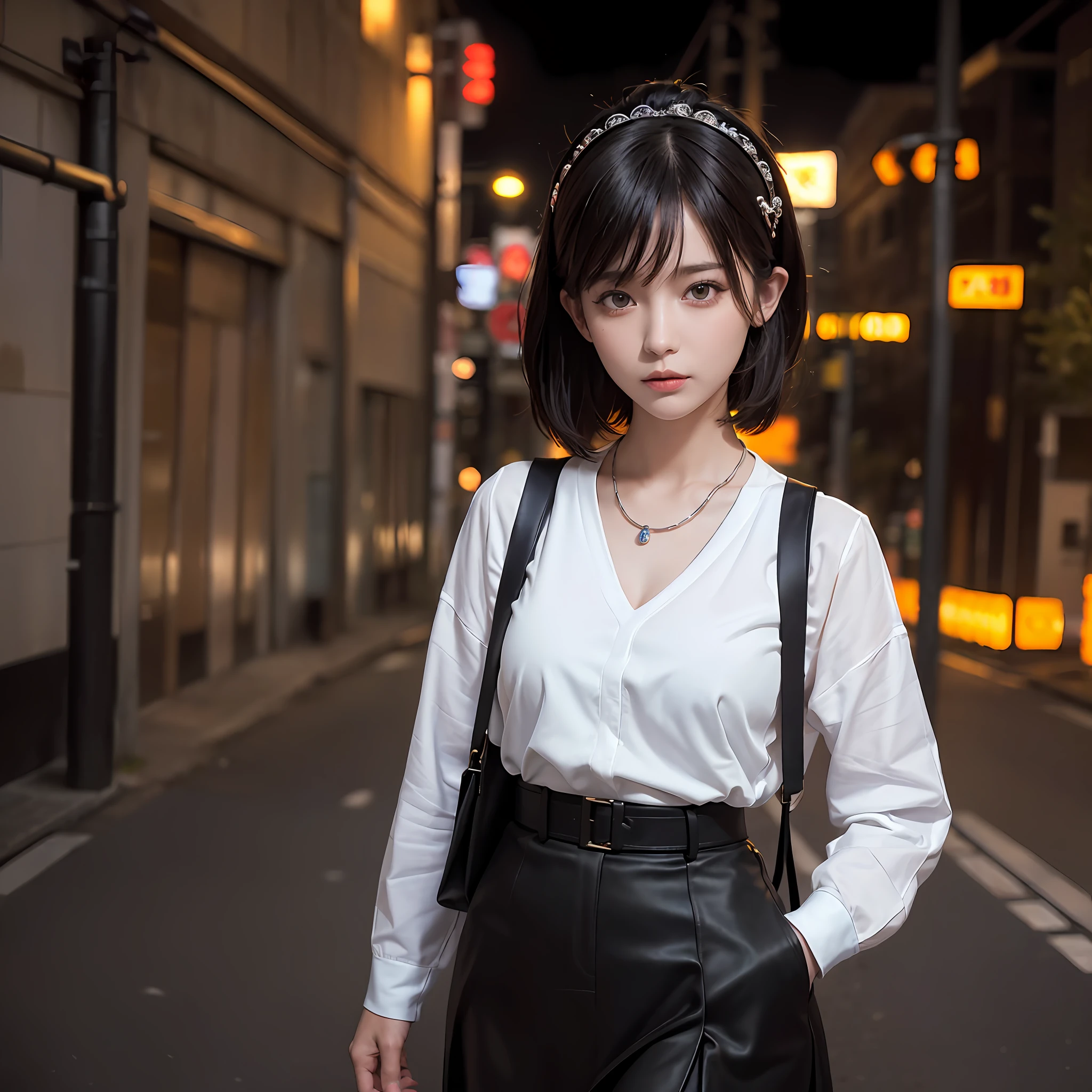 1girl, Tokyo Street, Night, Cityscape, City Lights, Upper Body, Close Up, 8k, RAW Photo, Best Quality, Masterpiece, Realism, Realism, Headgear, Split Bangs, Short Hair, Big Waves, Black and White Hair Color, Best Quality, Masterpiece, High Resolution, 1Girl, Porcelain Skirt, Hair Accessories, Necklace, Jewelry, Beautiful Face, Physical, Tyndall Effect, Realistic, Dark Studio, Edge Lighting, Two-tone Lighting, (High Detail Skin: 1.2), 8K UHD, DSLR, Soft Light, High quality, volumetric light, sneak peek, photo, high resolution, 4k, 8k, bokeh, .building,