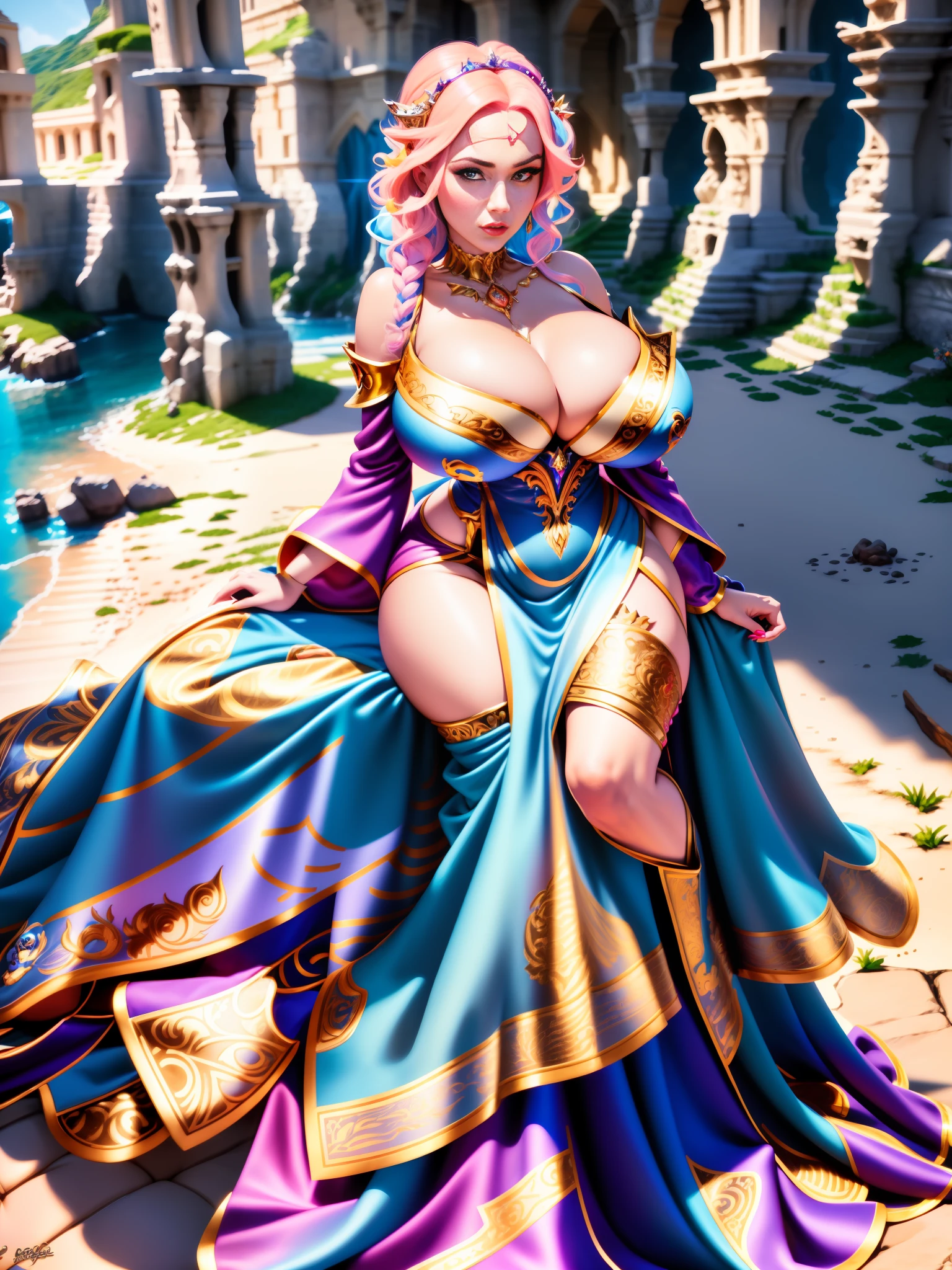 araffe sitting on a couch with a pink hair and a blue dress, voluptuous body, pinup art, on her throne, a beautiful fantasy empress, [ 4 k digital art ]!!, pinup. lord of daggers, 8k high quality detailed art, royal elegant pose, pinup, extremely detailed artgerm, lovely queen, artstation masterpiece