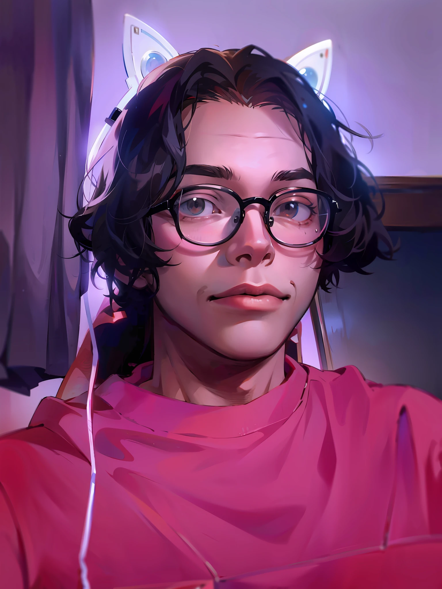 Boy with salmon colored kitten hadsat sweatshirt and prescription glasses