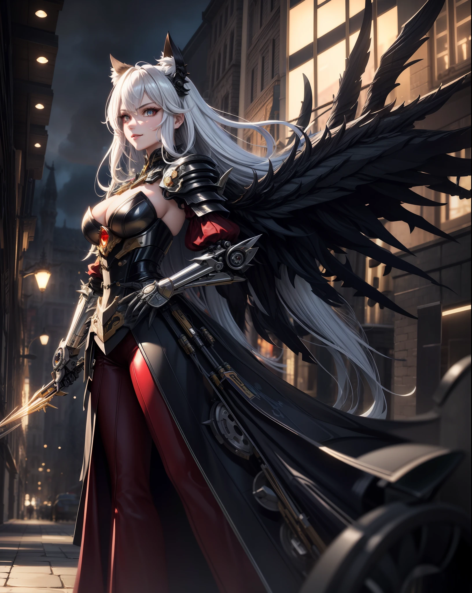 masterpiece ,  {beautiful detailed eyes},{{disheveled hair}}, , {{mechanicalmonsteri}}, {{remus god machine-fenrir}}, powerful, art oflight, artist style, hyper machine, transformation by mechanization, mechanicalweapon, {{gorgeous detailed eyes}}, {{gorgeous detail face}}, {floating hair},dynamic composition,lips,red eyes,cinematic highlight hair,beautiful hand,maturewoman,handsome, light smile, extremely detailed cg unity 8k wallpaper, {{mature female}}, {beautiful detailed high heels}

(8k,  best quality 1.2),  ultra-detailed, 8k uhd,
soft lighting, high quality, film grain,   beautiful lighting,
cinematic ,perfect body , best illumination, best shadow,  sharpness, contrast,