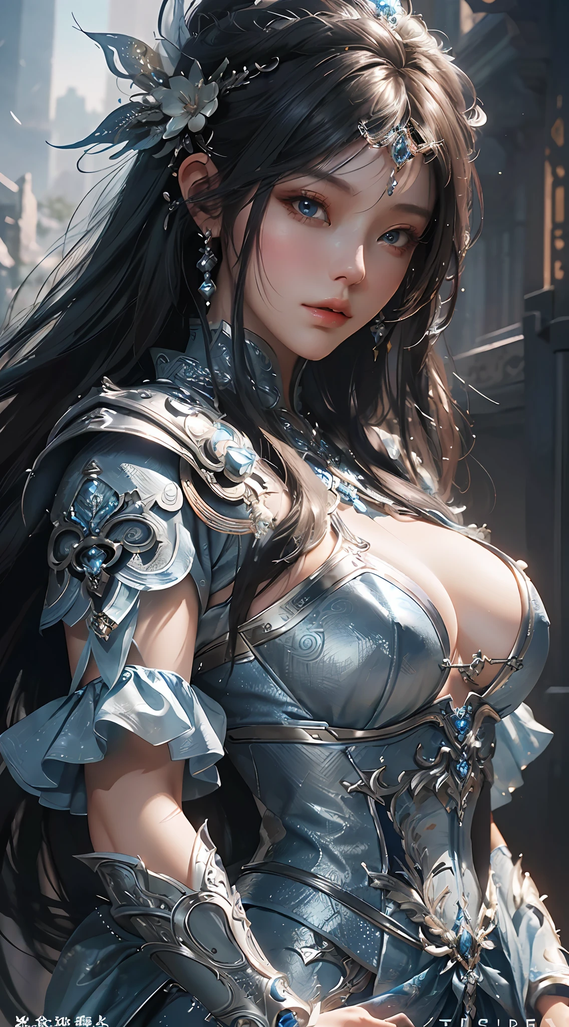 a close up of a woman in a silver and blue dress, chengwei pan on artstation, by Yang J, detailed fantasy art, stunning character art, fanart best artstation, epic exquisite character art, beautiful armor, extremely detailed artgerm, detailed digital anime art, artgerm on artstation pixiv, armor girl