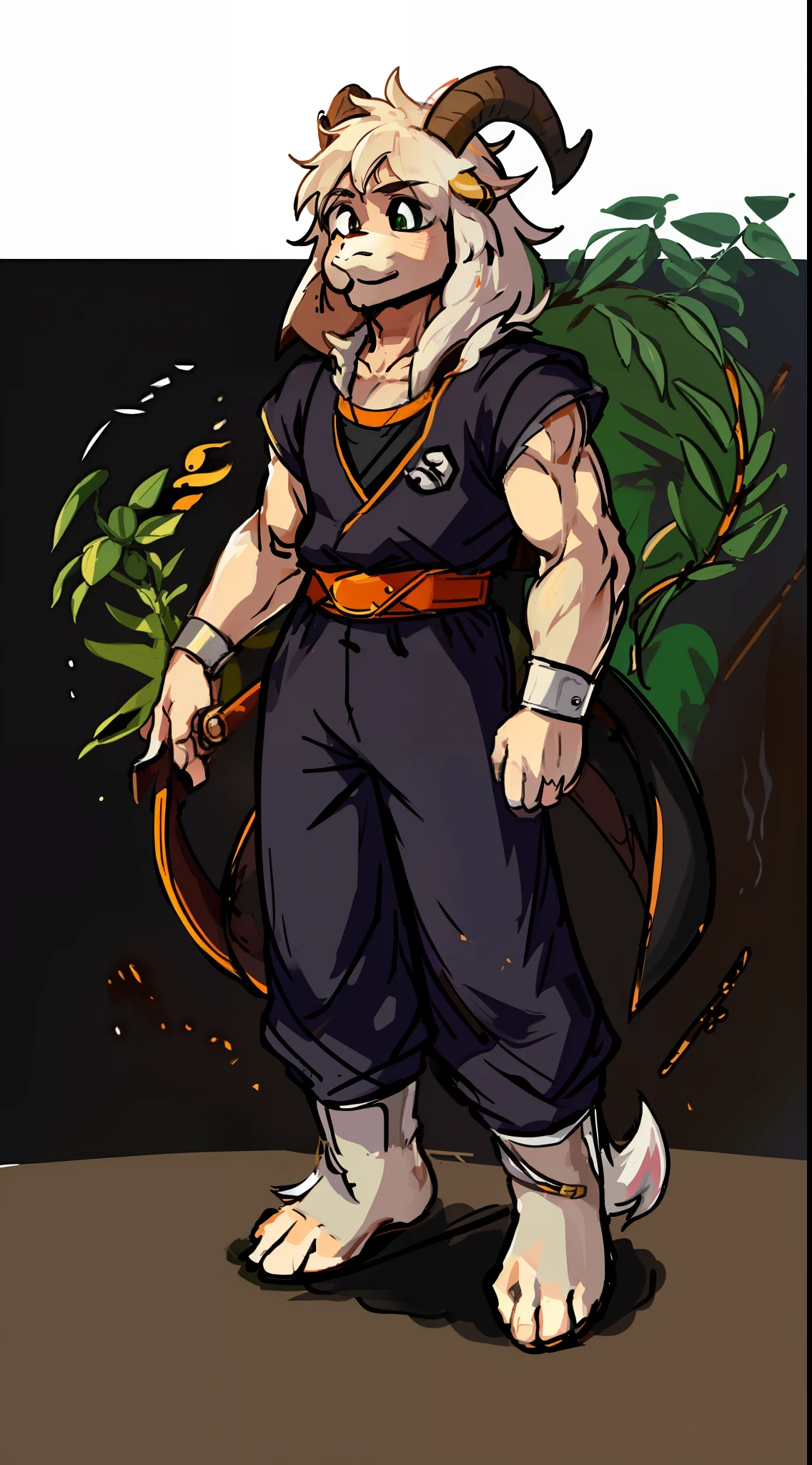 Masterpiece, best quality, anime, Asriel, 1boy, furry, horns, god of hyperdeath, black clothes, solo, furry male, barefoot, goat_boy, goat ears, TurtleSchoolUniform, dougi, belt, open toe shoes