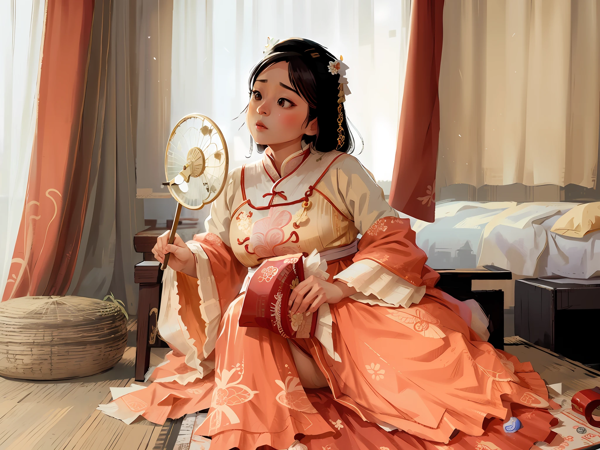 there is a woman sitting on a bed holding a fan, hanfu, wearing ancient chinese clothes, inspired by Tang Di, palace , a girl in hanfu, traditional chinese, with acient chinese clothes, traditional chinese clothing, chinese princess, tang dynasty, chinese costume, inspired by Qiu Ying, chinese style, ancient chinese princess, chinese dress, traditional beauty