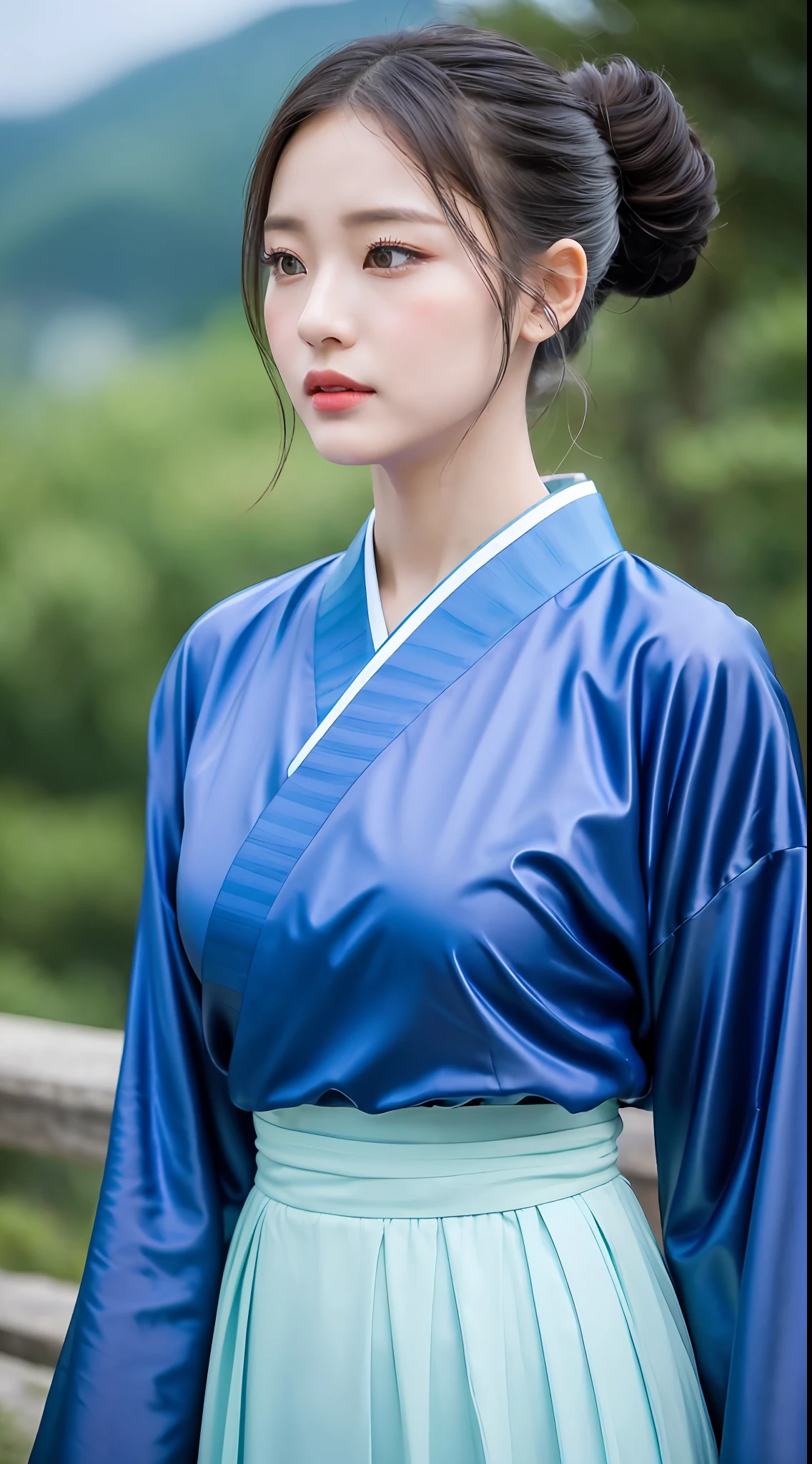 Korean woman, (masterpiece, beautiful people, sadness, sadness), virtual YouTube, ((moderate rain, very poor quality photos, 2k, masterpiece: 1.3)), ponytail, abs: 1.1, (black hair, flat chest: 1.3), pure blue hanfu: 1.1, conservative, hanbok, wide sleeve flowing fairy skirt, (mountain top: 1.4), forest, sadness, loneliness, plain makeup, no makeup, slim waist, slim body.
