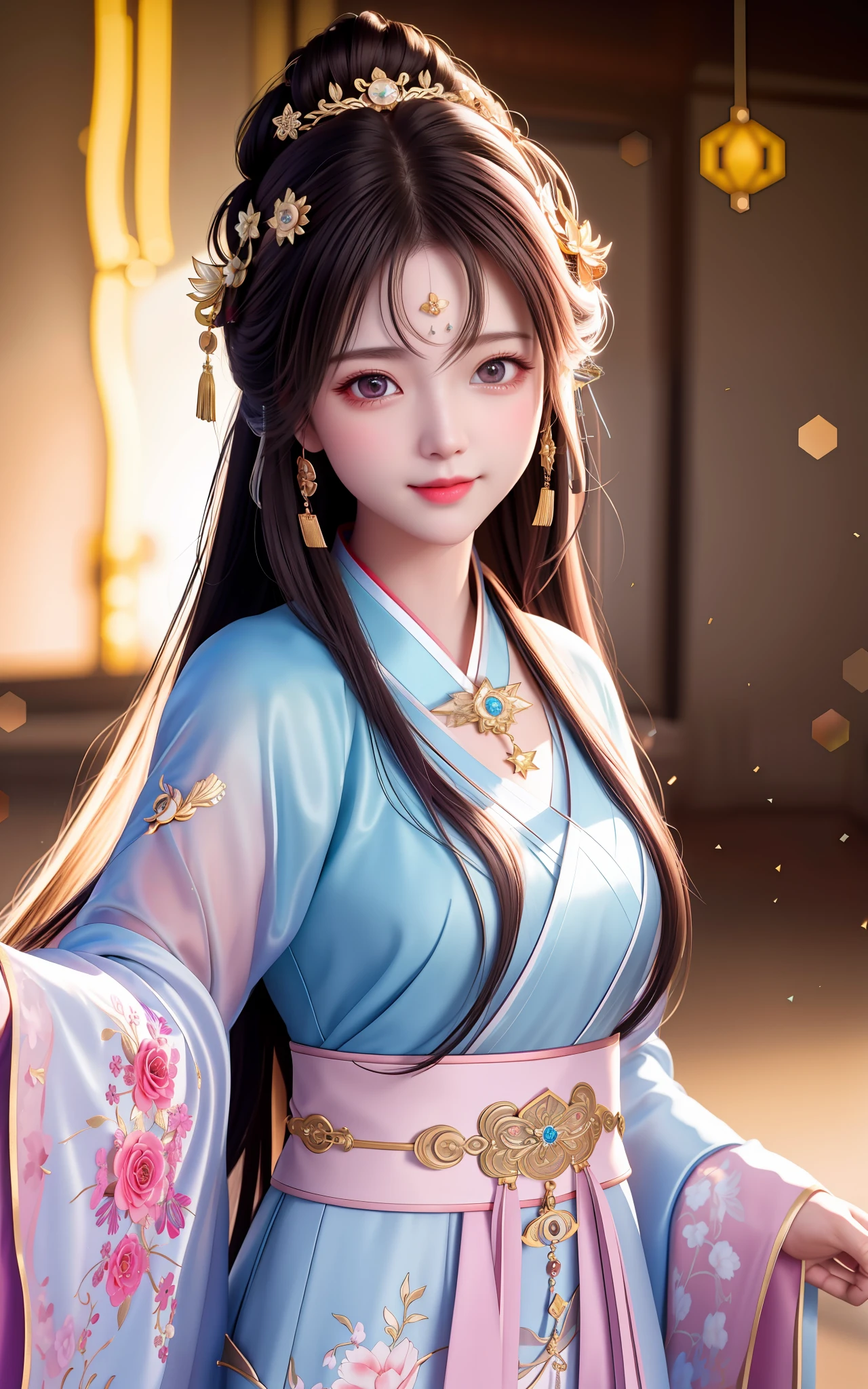 best quality, masterpiece, highres, 1girl,blush,(seductive smile:0.8),star-shaped pupils,china hanfu,hair ornament,necklace, jewelry,Beautiful face,upon_body, tyndall effect,photorealistic, dark studio, rim lighting, two tone lighting,(high detailed skin:1.2), 8k uhd, dslr, soft lighting, high quality, volumetric lighting, candid, Photograph, high resolution, 4k, 8k, Bokeh