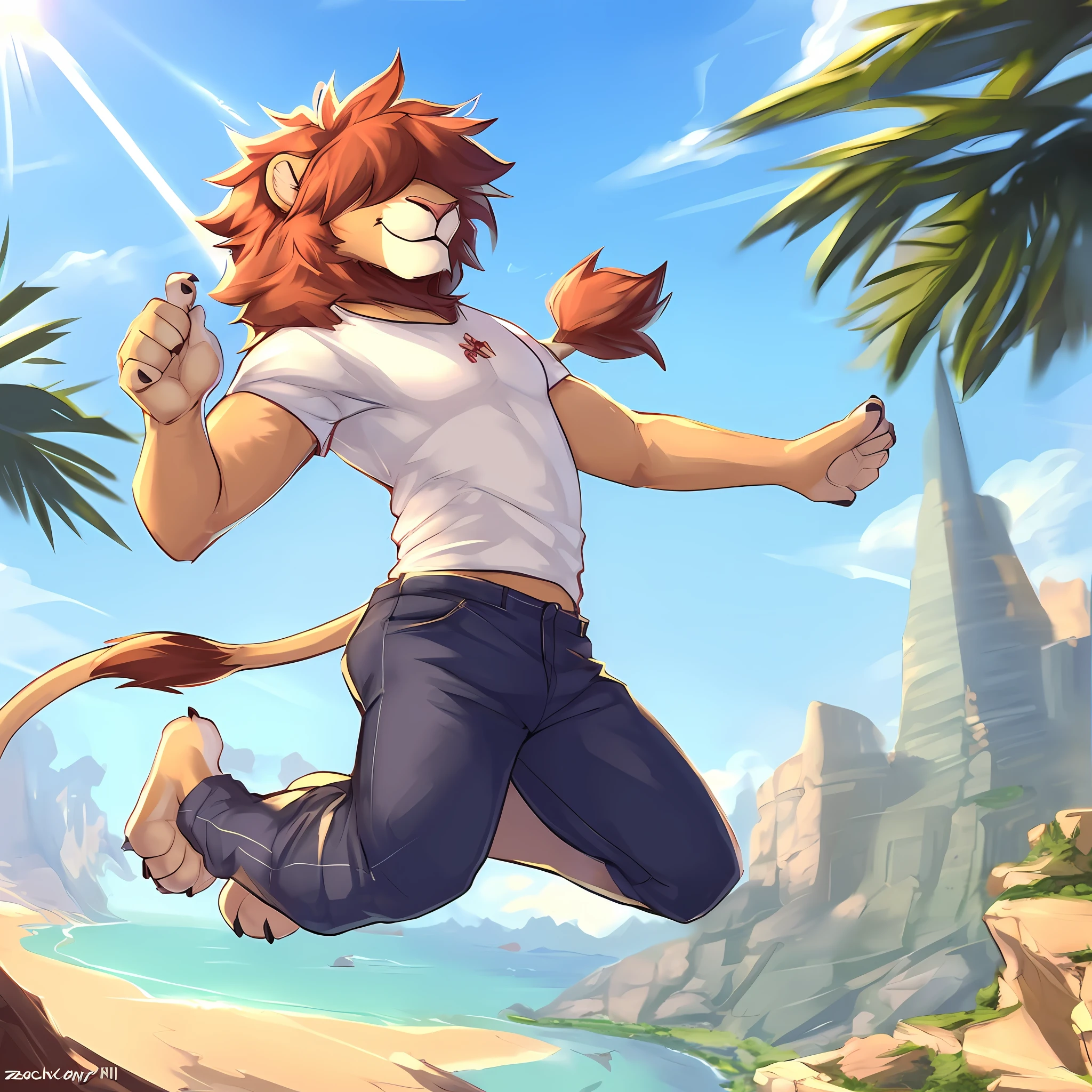 thin male solo cartoon lion by zackary911 hair over eyes wearing clothes sunlit people in background Paws instead of hands and feet paws visible scenic smiling four fingers claws famous location photogenic creative pose jumping pants on lion tail