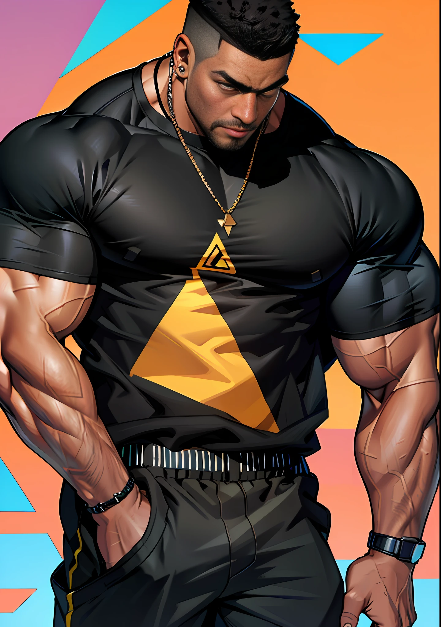 (High quality illustration, high definition, detailed details) :( muscular man, big eyes, black man, triangle shorts, stud earrings, lean/huge pectorals). (straight pants), (loose T-shirt)