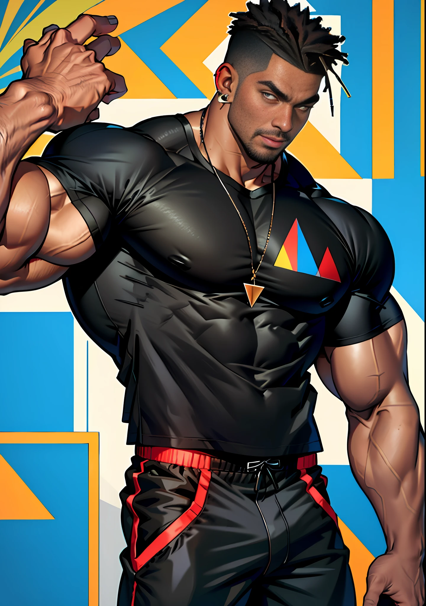 (High quality illustration, high definition, detailed details) :( muscular man, big eyes, black man, triangle shorts, stud earrings, lean/huge pectorals). (straight pants), (loose T-shirt)