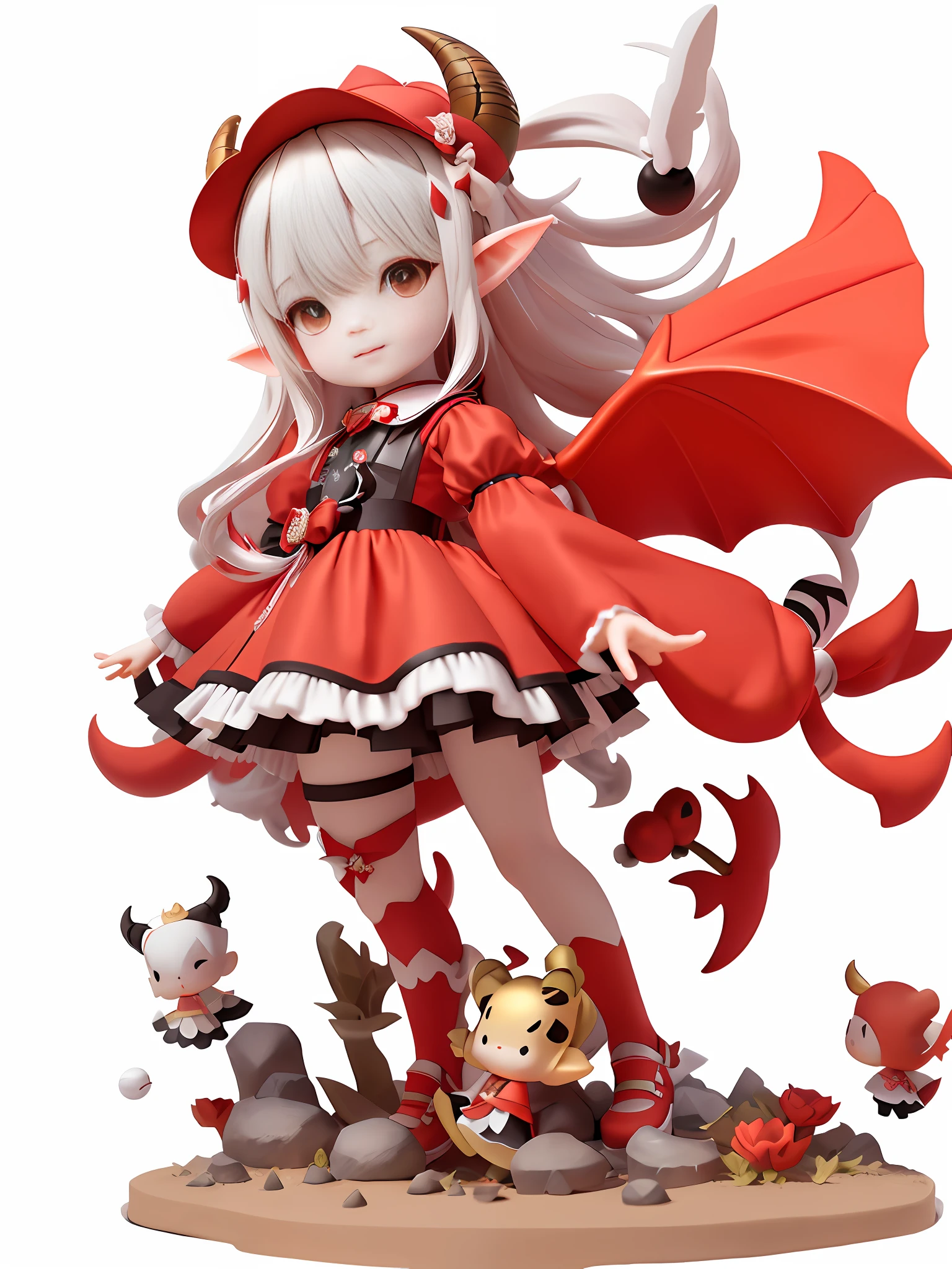Kneeling Little Devil Horn Devil Tail Devil Wings Elf Ear A Little Tiger Tooth Bad Smile Emoji Red and White Color Scheme Q Version Left Hand Cheek Supporting Right Hand Ground, Red Round Hat, Sideways Kneeling Position, Bubble Mart, Professional Light, Stereoscopic 3D, Best Quality, Delicate Face, Bright Eyes, Delicate Details, Outdoor Background, Night, Full Moon, Moonlight, Atmosphere, Delicate Fingers, Three-Dimensional, Hair Details More, Strong Light Sense, Highest Definition, Pale Yellow Hair, Realistic Rendering, Model Texture, Genshin Impact/Kori, Silk Texture Clothing ,