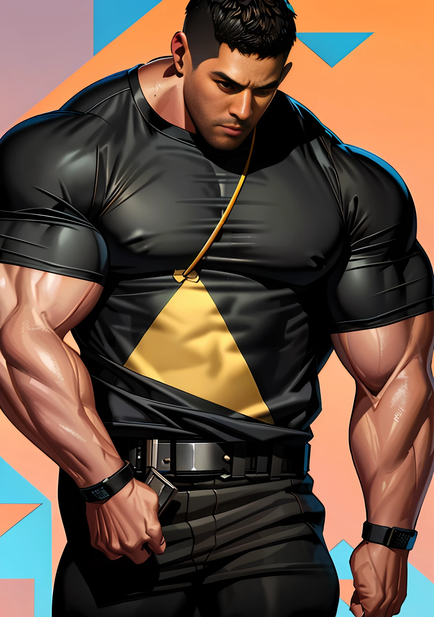 a close up of a man with a black shirt and a yellow triangle on his chest, muscular character, will smith anime style, super buff and cool, baptiste from overwatch, artstation mans aesthetic, symmetry!! portrait of akuma, in style of digital illustration, trendin on artstation, muscular male hero, ultra detail. digital painting, big muscles, big chest