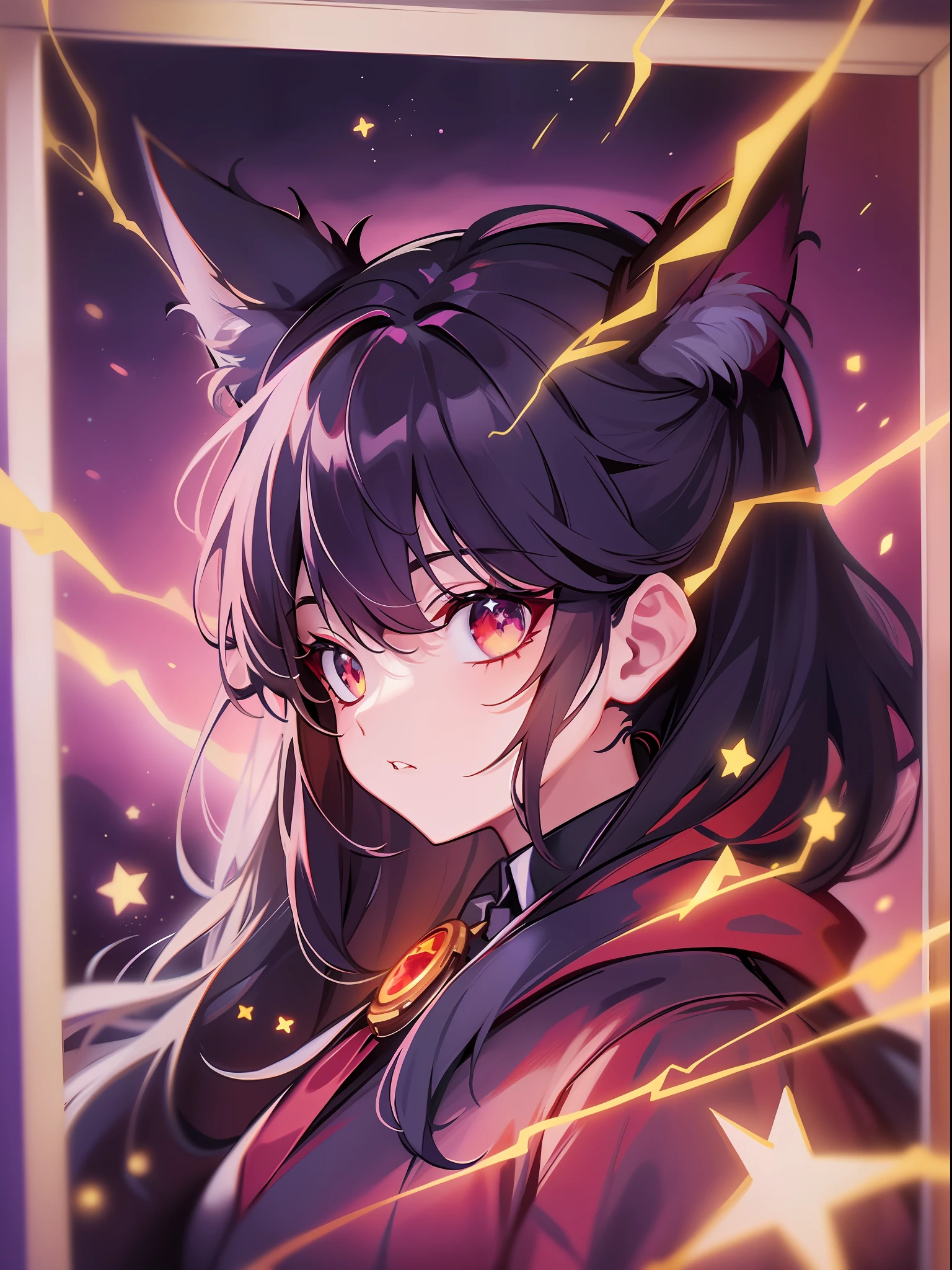 (wishing upon a star, neko ears), dark and terrifying,inferno background,red hot sparks,devilish atmosphere,ominous shadows.