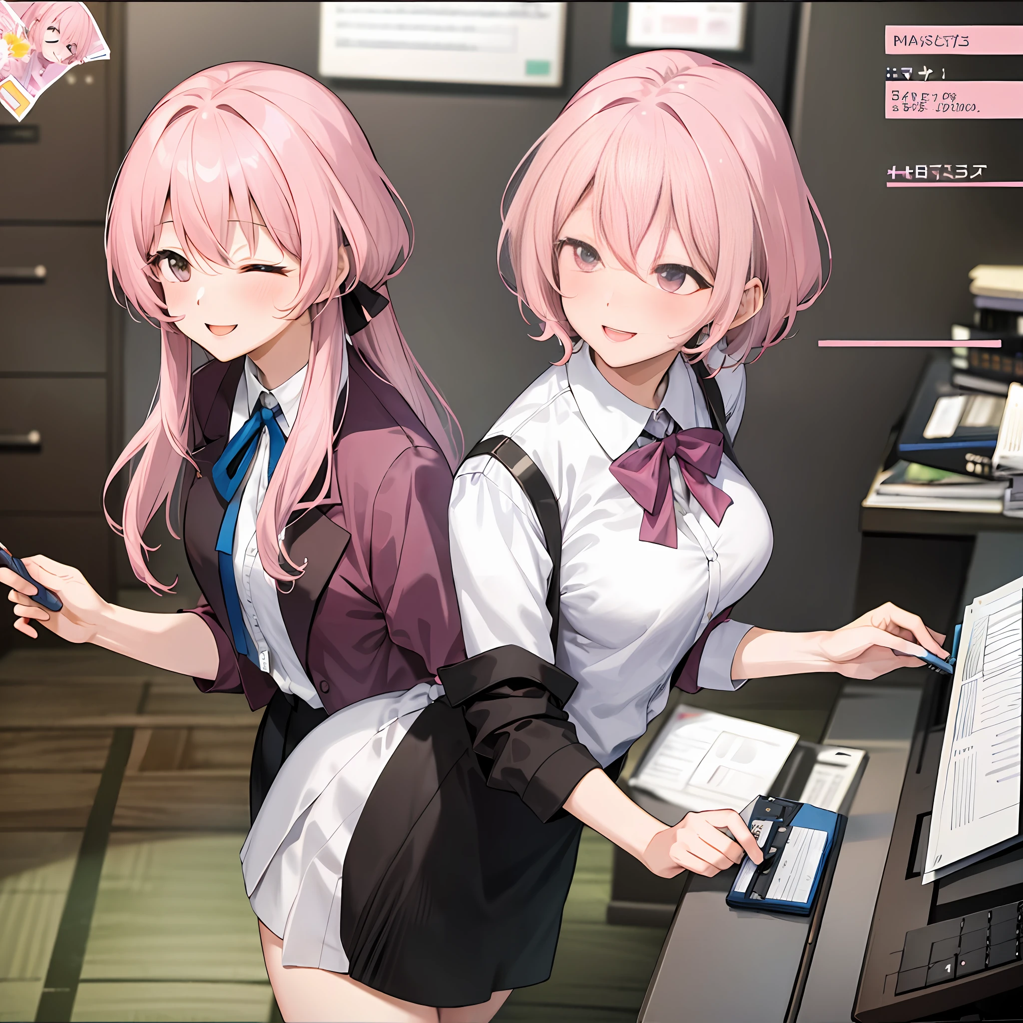 ((masterpiece, best)),(1girl),((mature woman)), light pink hair, dizzy, trumpet, ((office lady)), bangs, mid-chest, (full), slim, smiling, [wide hips] ,office,standing, aru \(blue archive\),