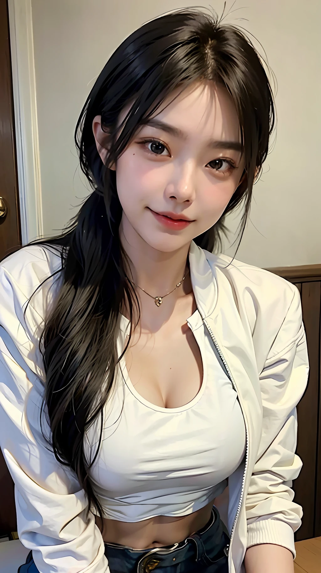 a close up of a woman with a black bra top and a white jacket, sakimichan, anime thai girl, ruan cute vtuber, dang my linh, nivanh chanthara, trending at cgstation, young and cute girl, sakimi chan, ruan jia beautiful!, 19-year-old girl, xintong chen, there is cleavage, round breasts, thin smile, one eye blinks